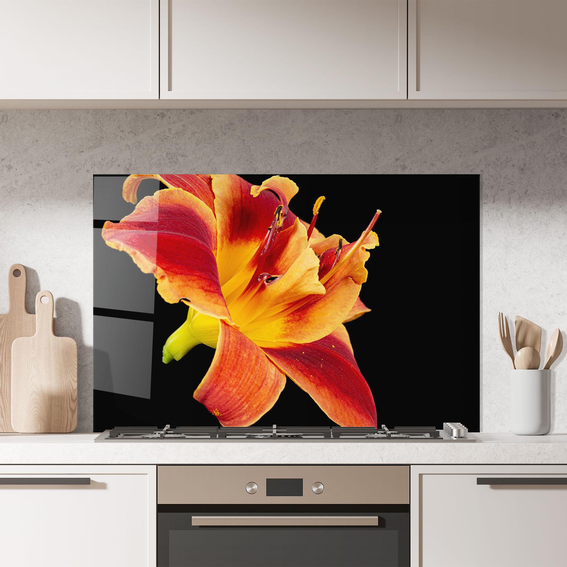 Küchenrückwand Glas Exotic Orange Red mockup 7