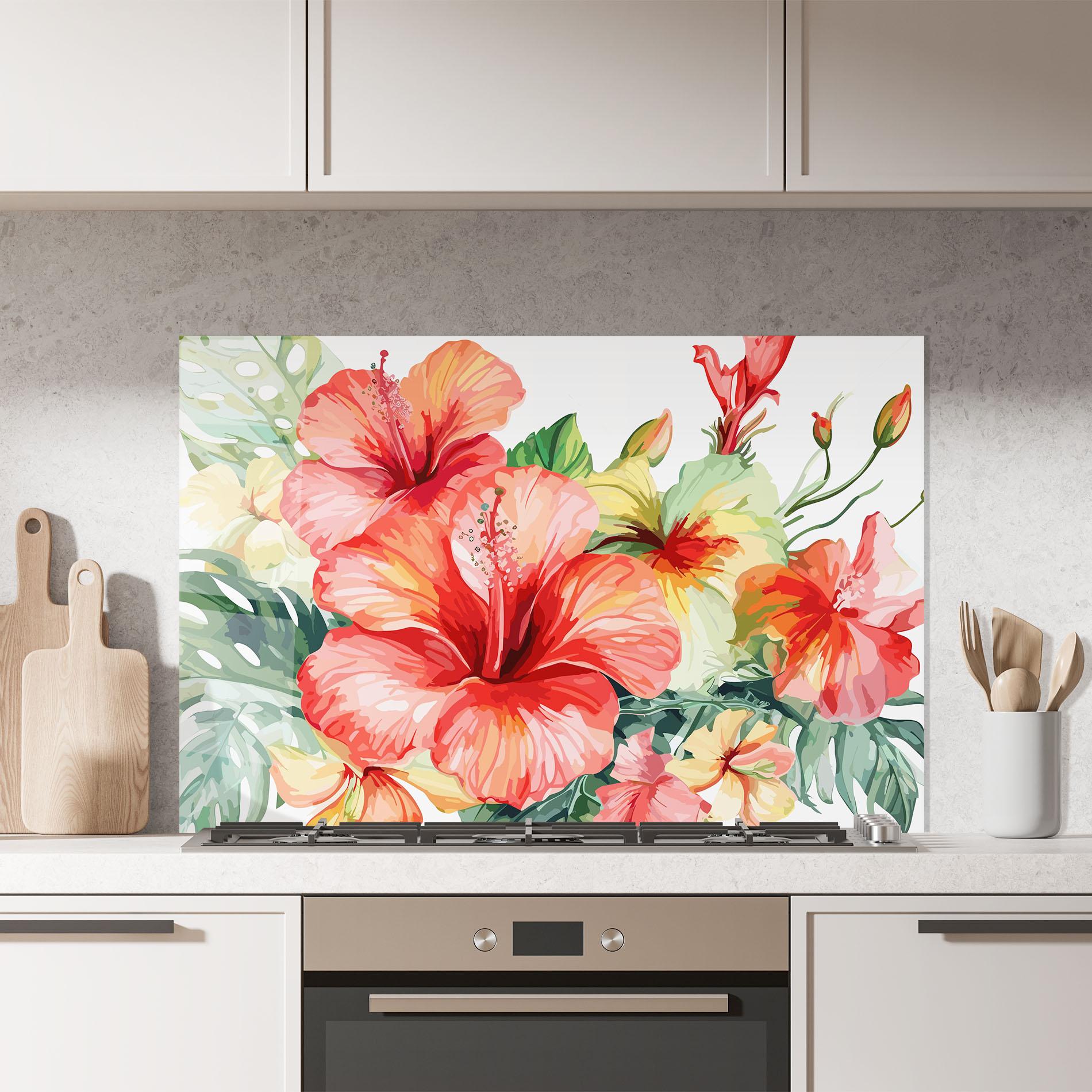 Küchenrückwand Glas Exotic Red Flower mockup 7