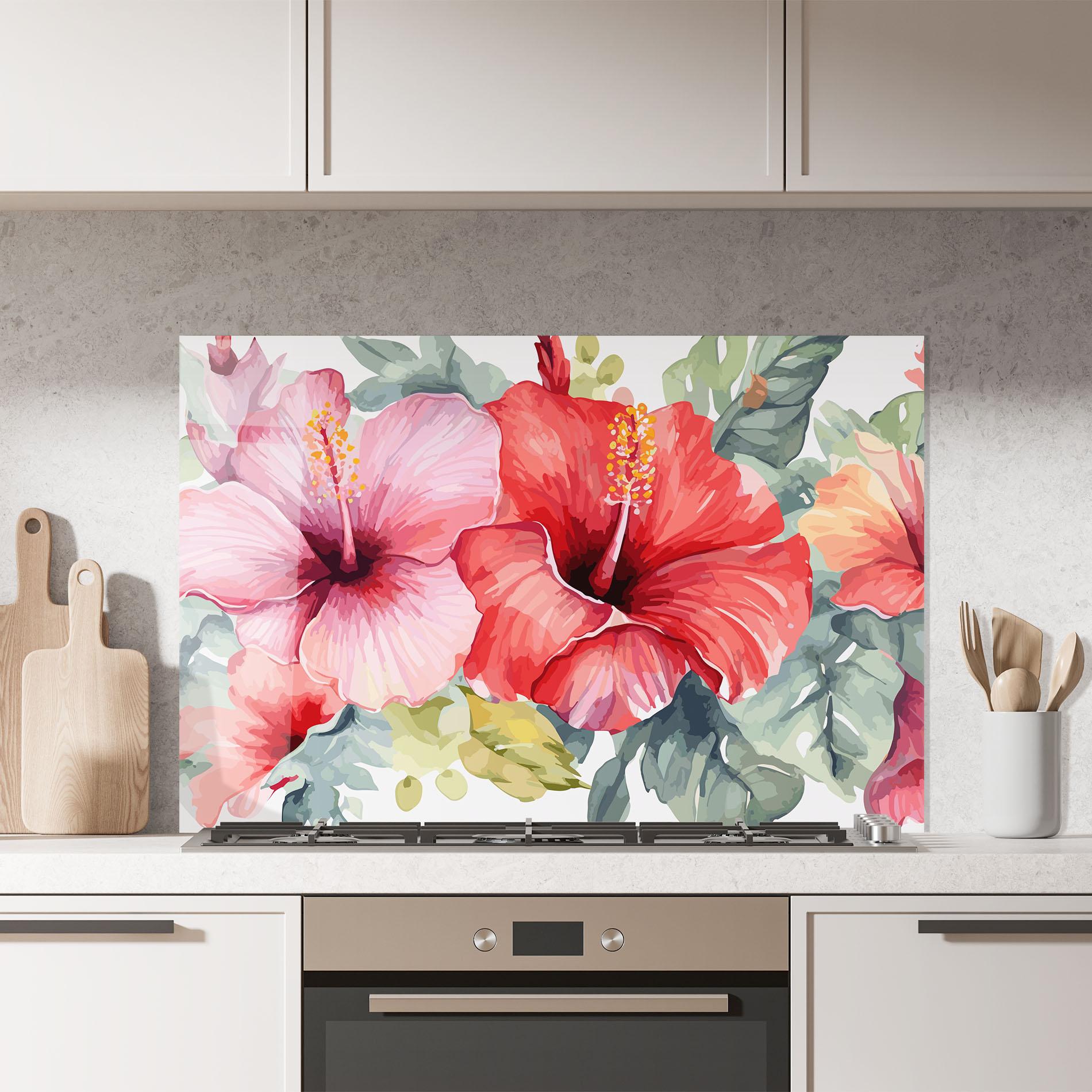 Küchenrückwand Glas Pink Red Exotic mockup 7