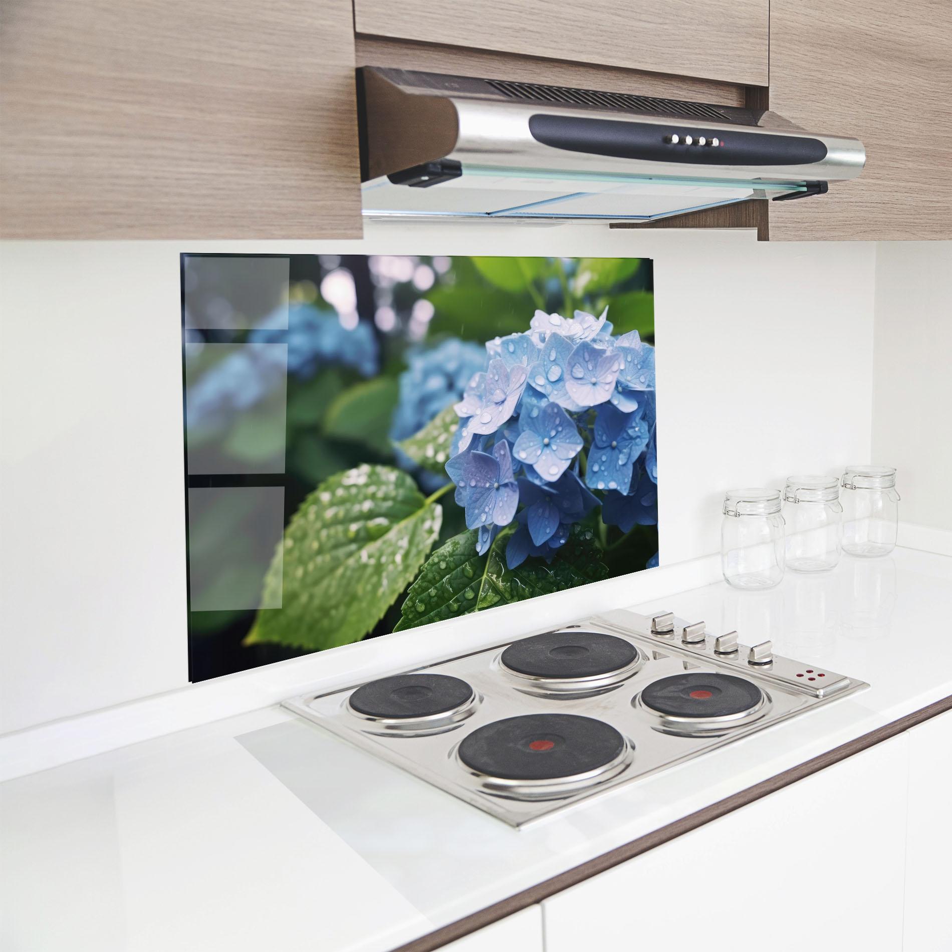 Küchenrückwand Glas Blue Rainy Exotic mockup 8