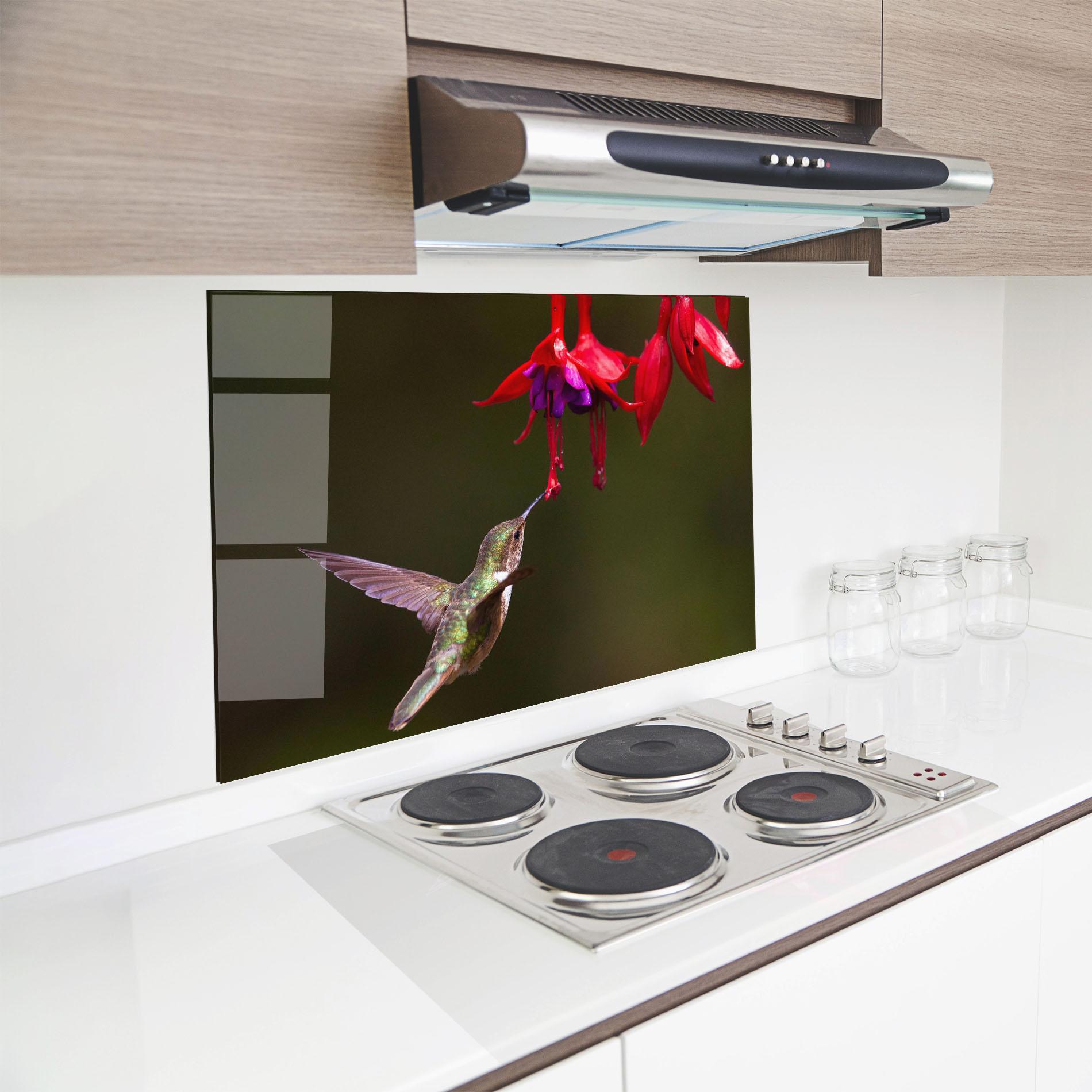 Küchenrückwand Glas Exotic Flower Bird mockup 8