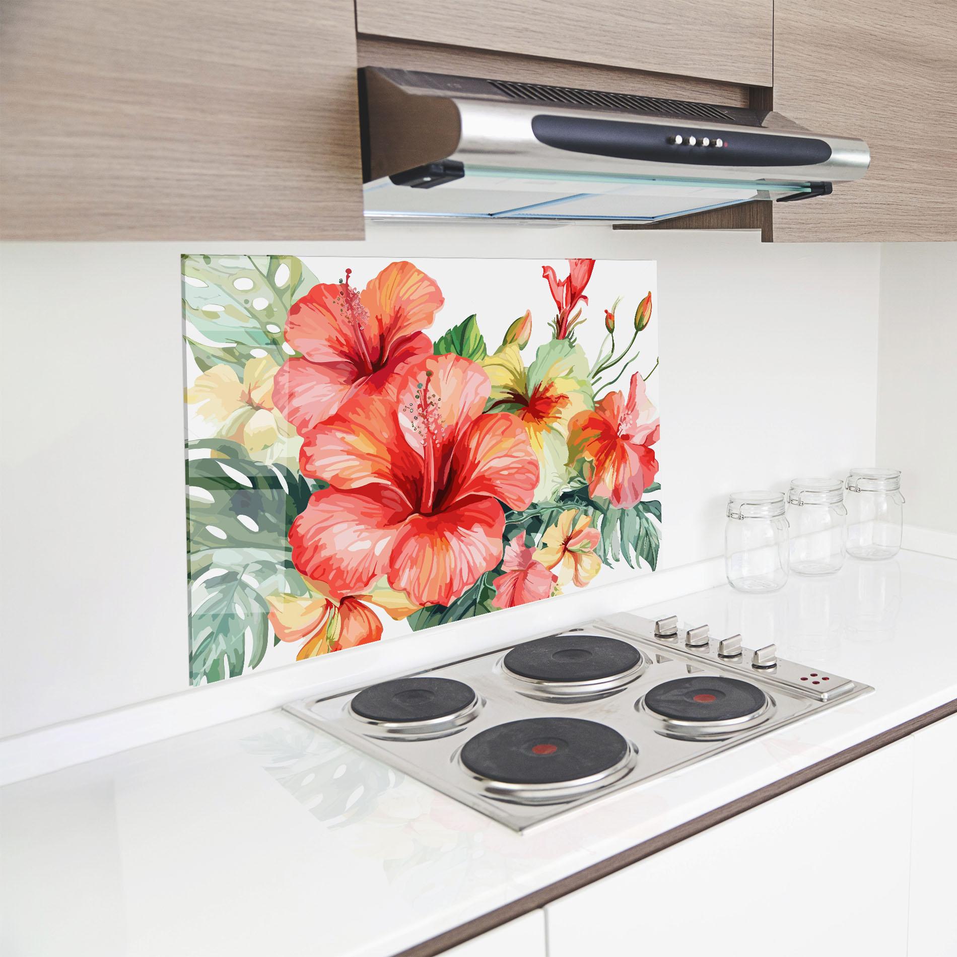 Küchenrückwand Glas Exotic Red Flower mockup 8