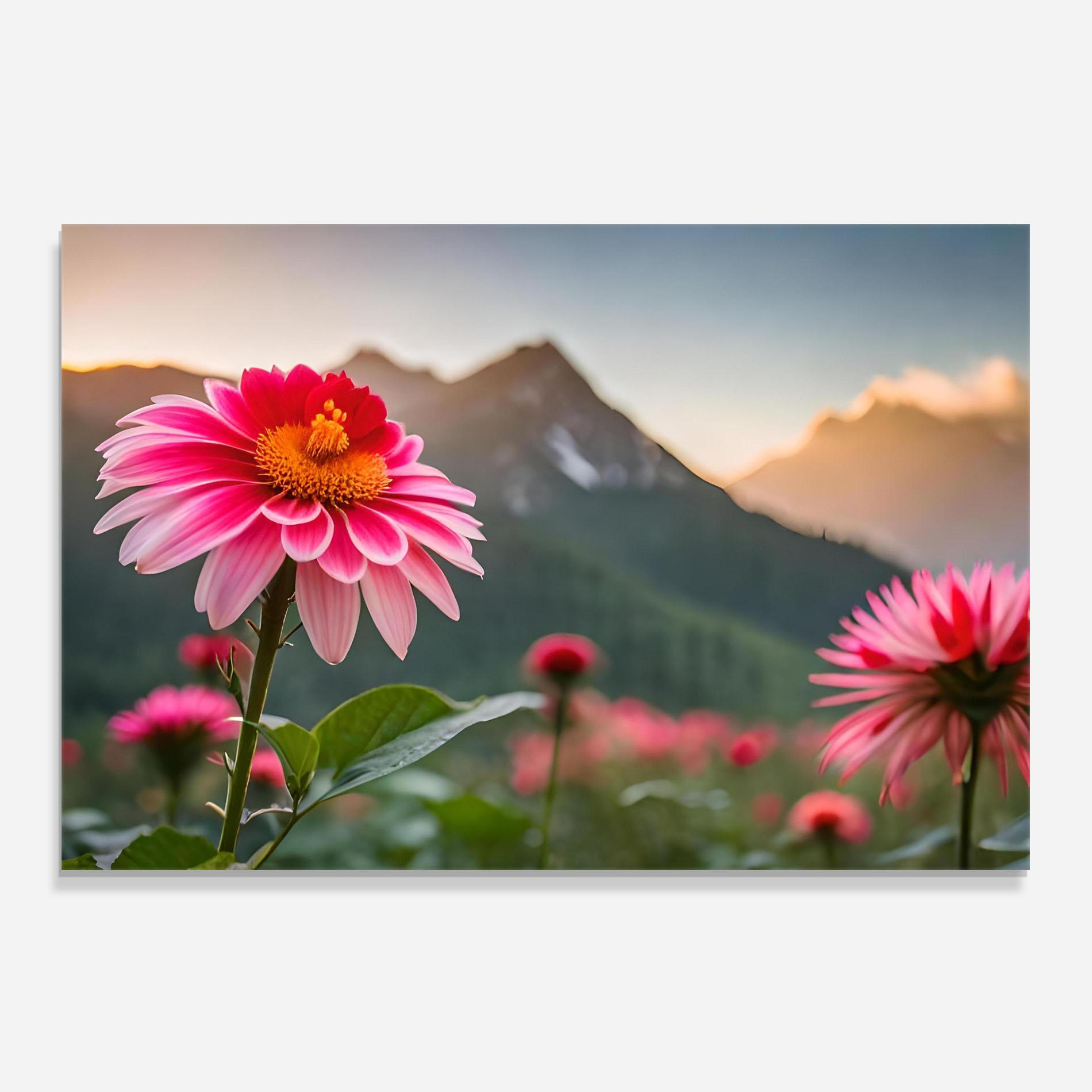 Küchenrückwand Glas Mountain Pink Flower mockup 0