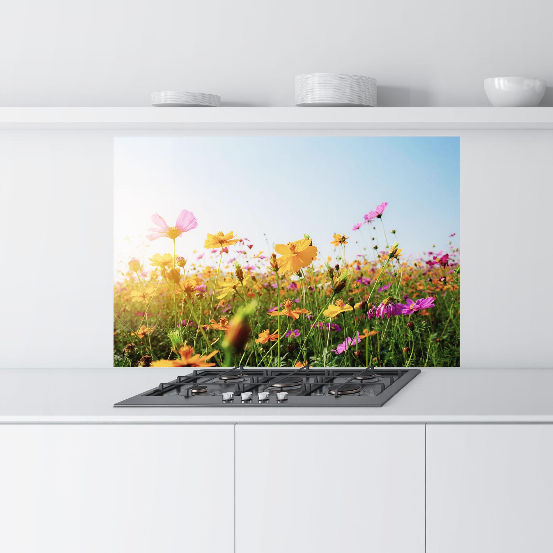 Küchenrückwand Glas Cosmos Field Sunset mockup 9