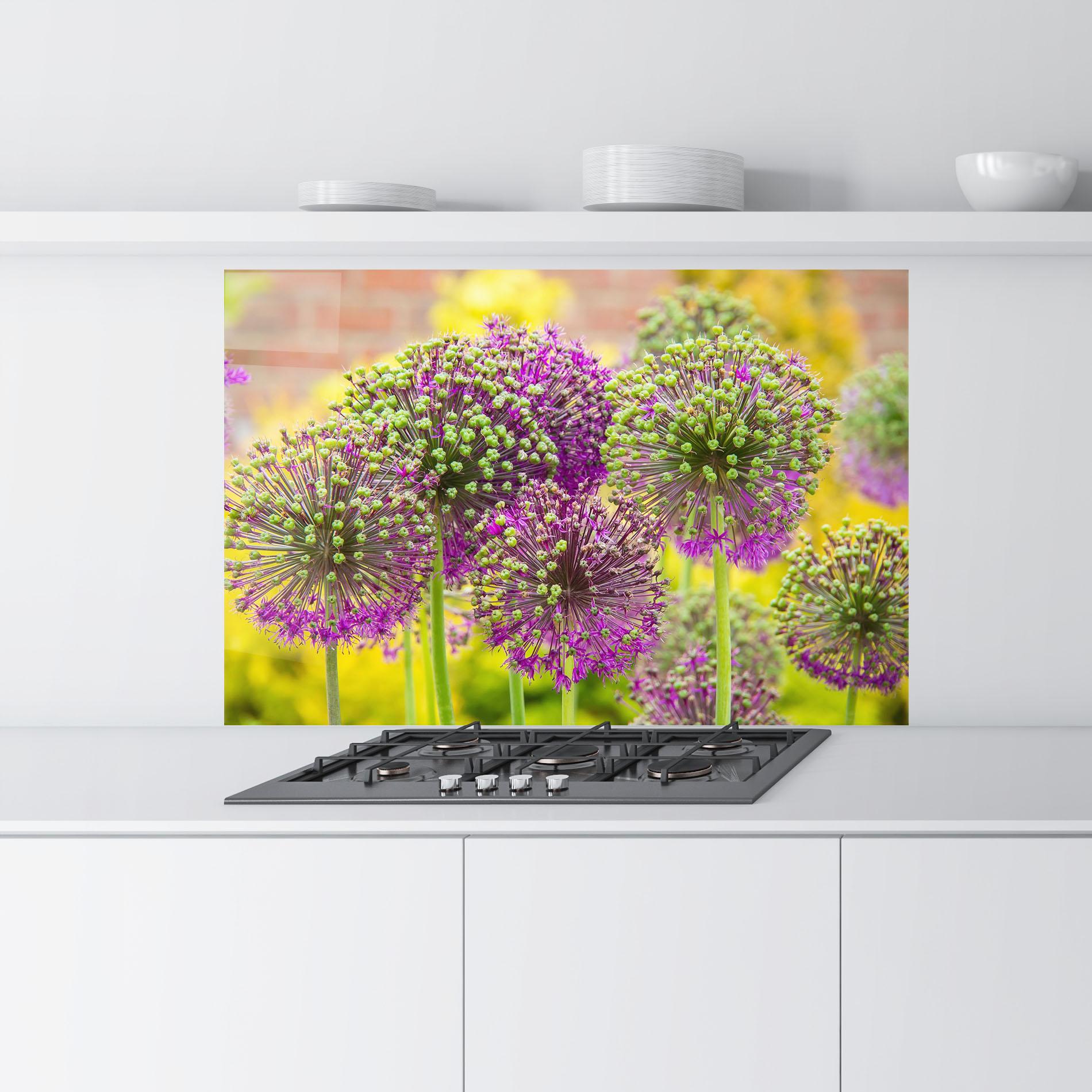 Küchenrückwand Glas Green Purple Garden mockup 9