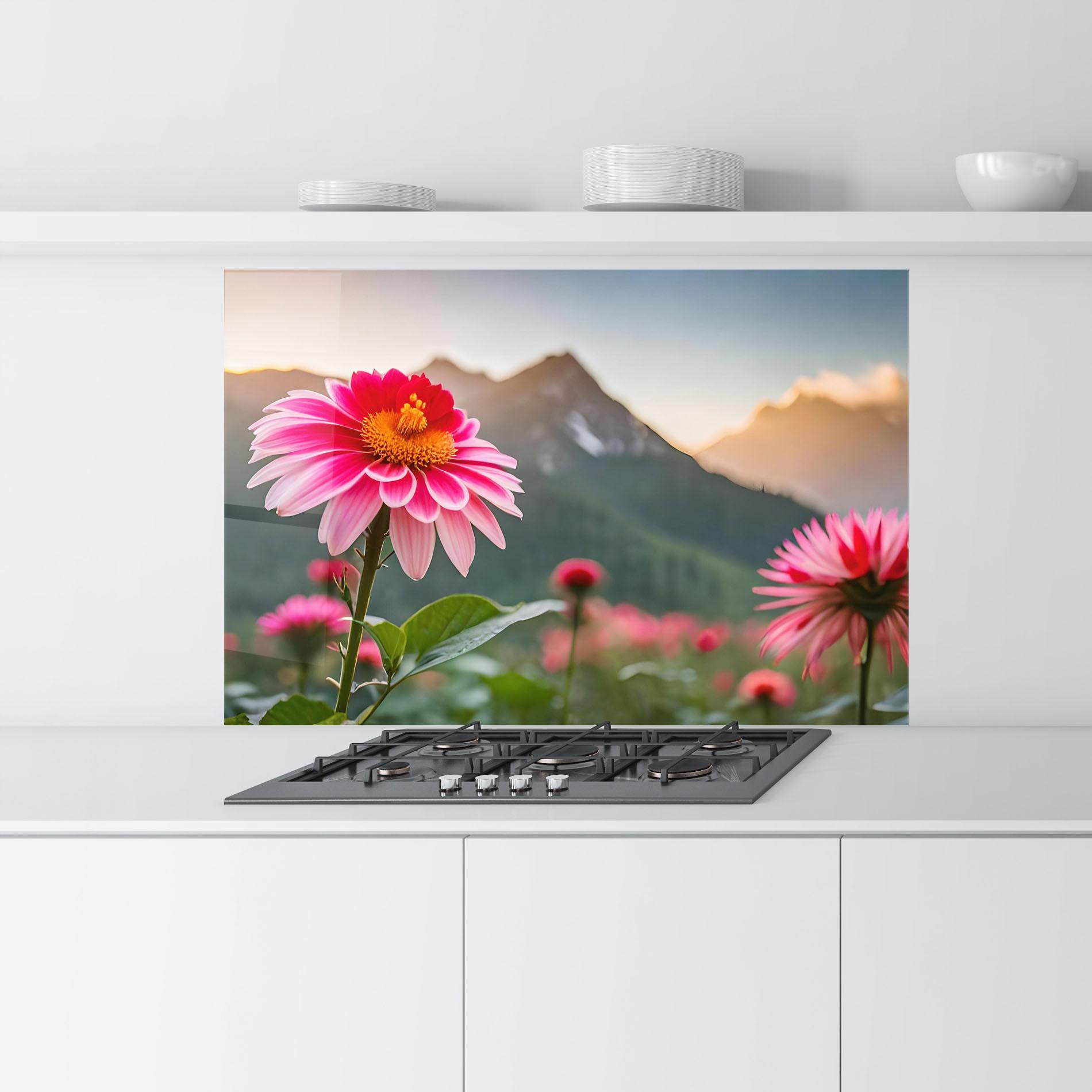 Küchenrückwand Glas Mountain Pink Flower mockup 9