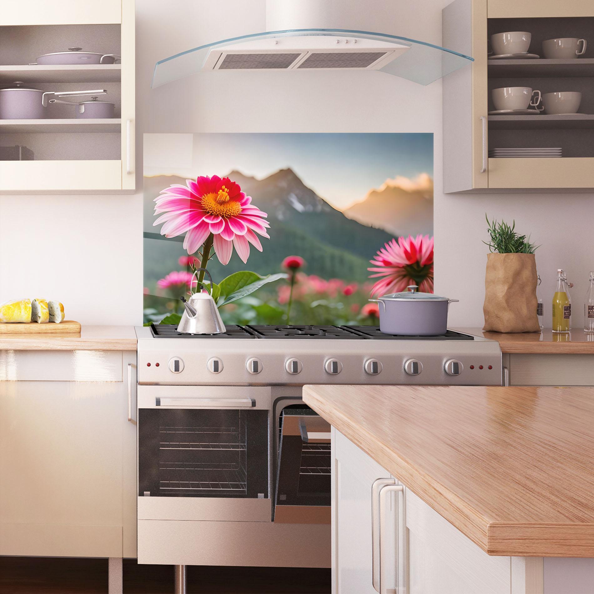 Küchenrückwand Glas Mountain Pink Flower mockup 1