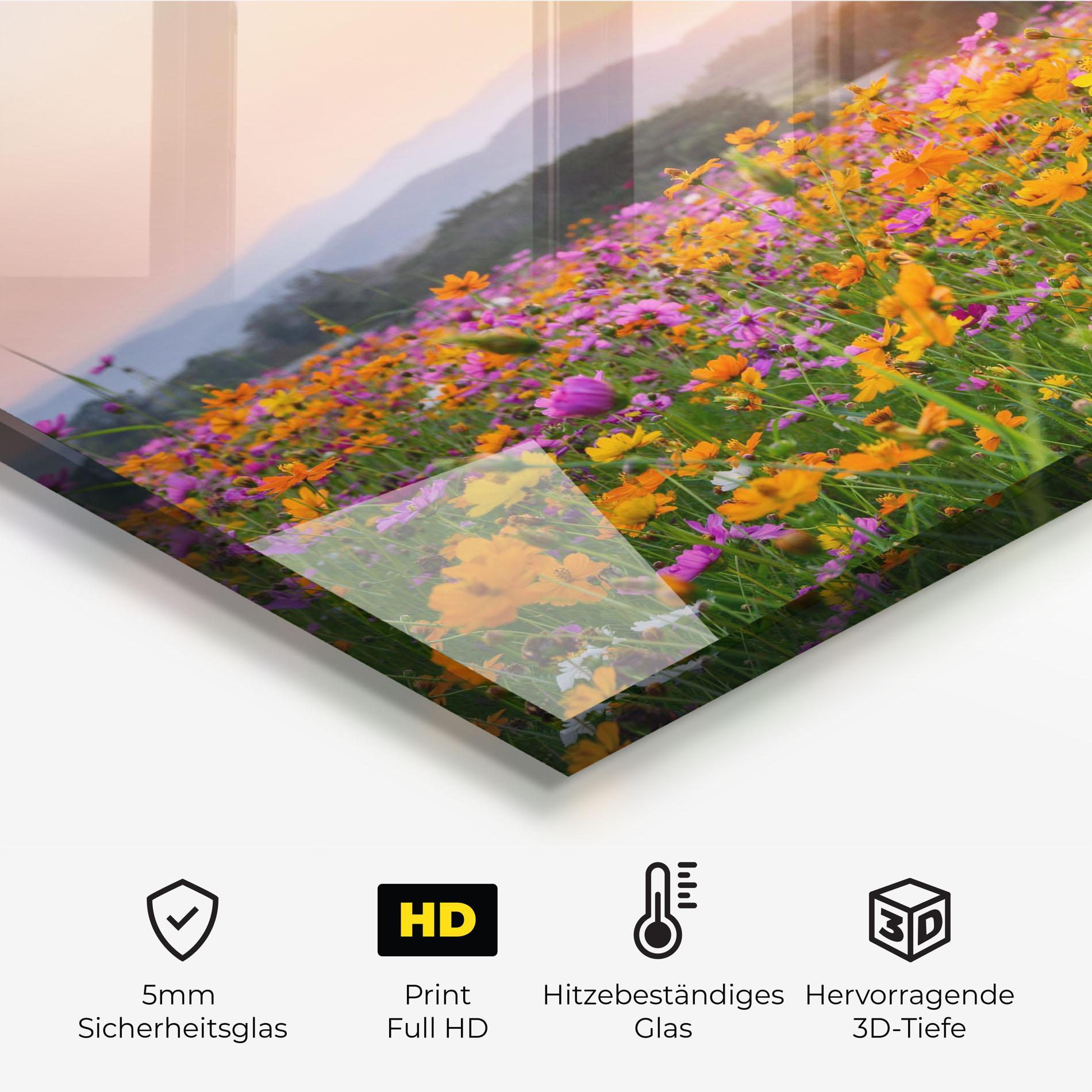 Küchenrückwand Glas Sunset Mountain Flowerf mockup 2