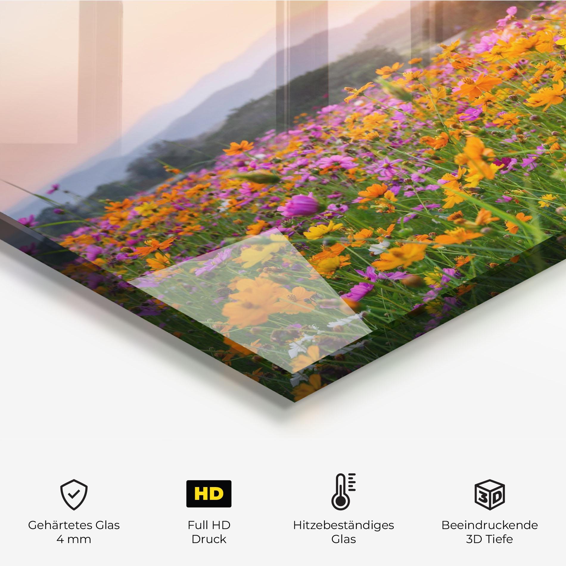 Küchenrückwand Glas Sunset Mountain Flowerf mockup 2