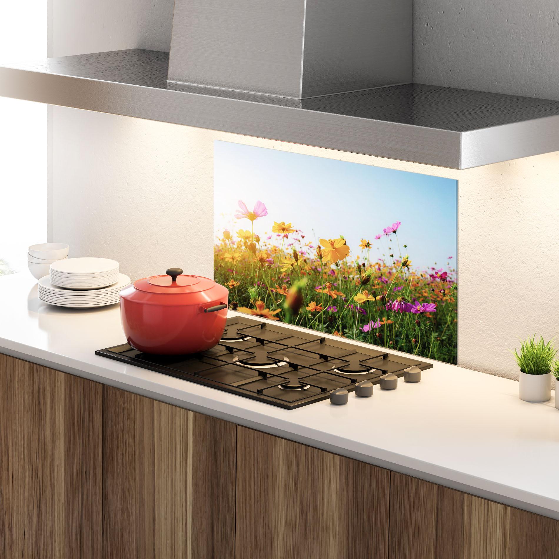 Küchenrückwand Glas Cosmos Field Sunset mockup 4