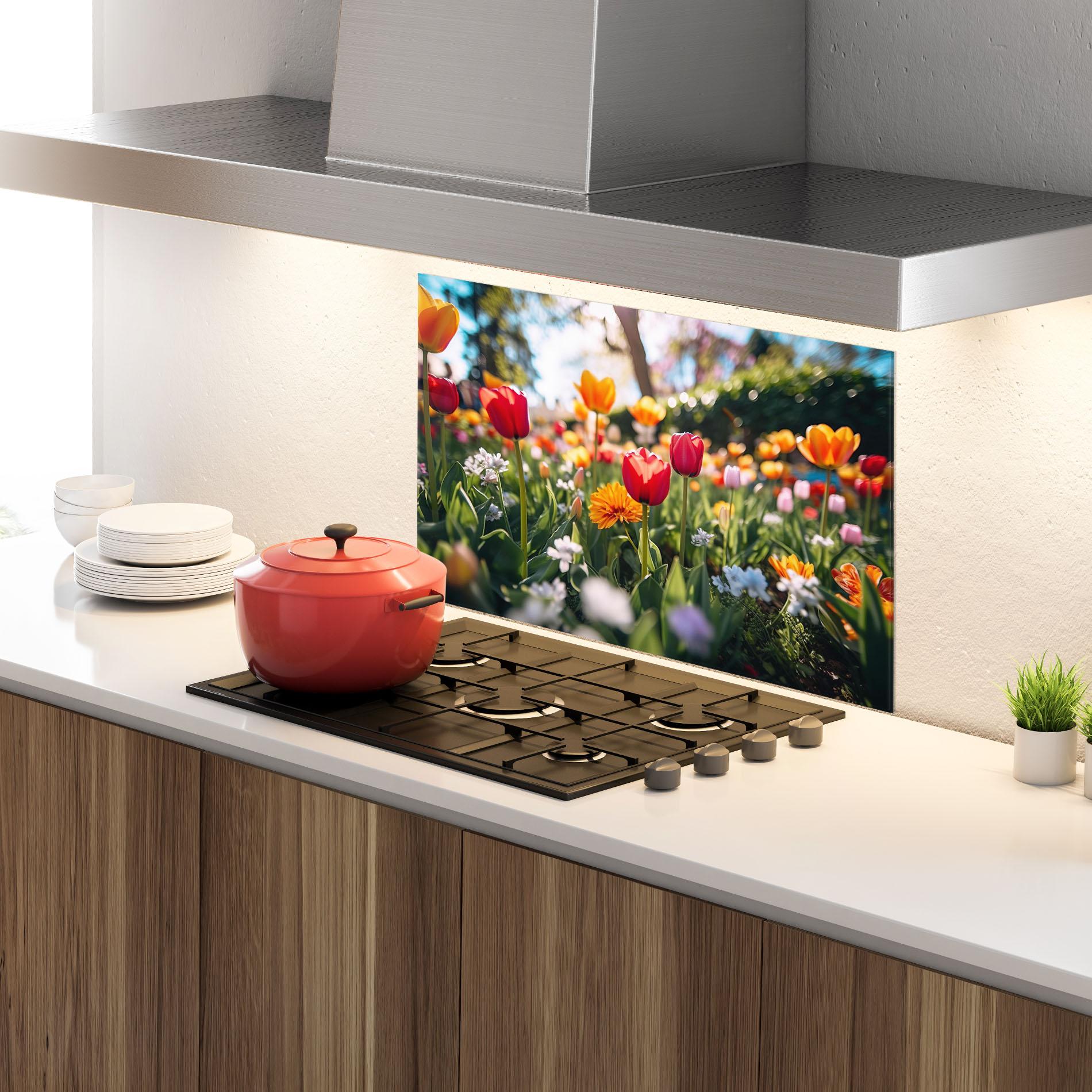 Küchenrückwand Glas Garden Tulips Mix mockup 4
