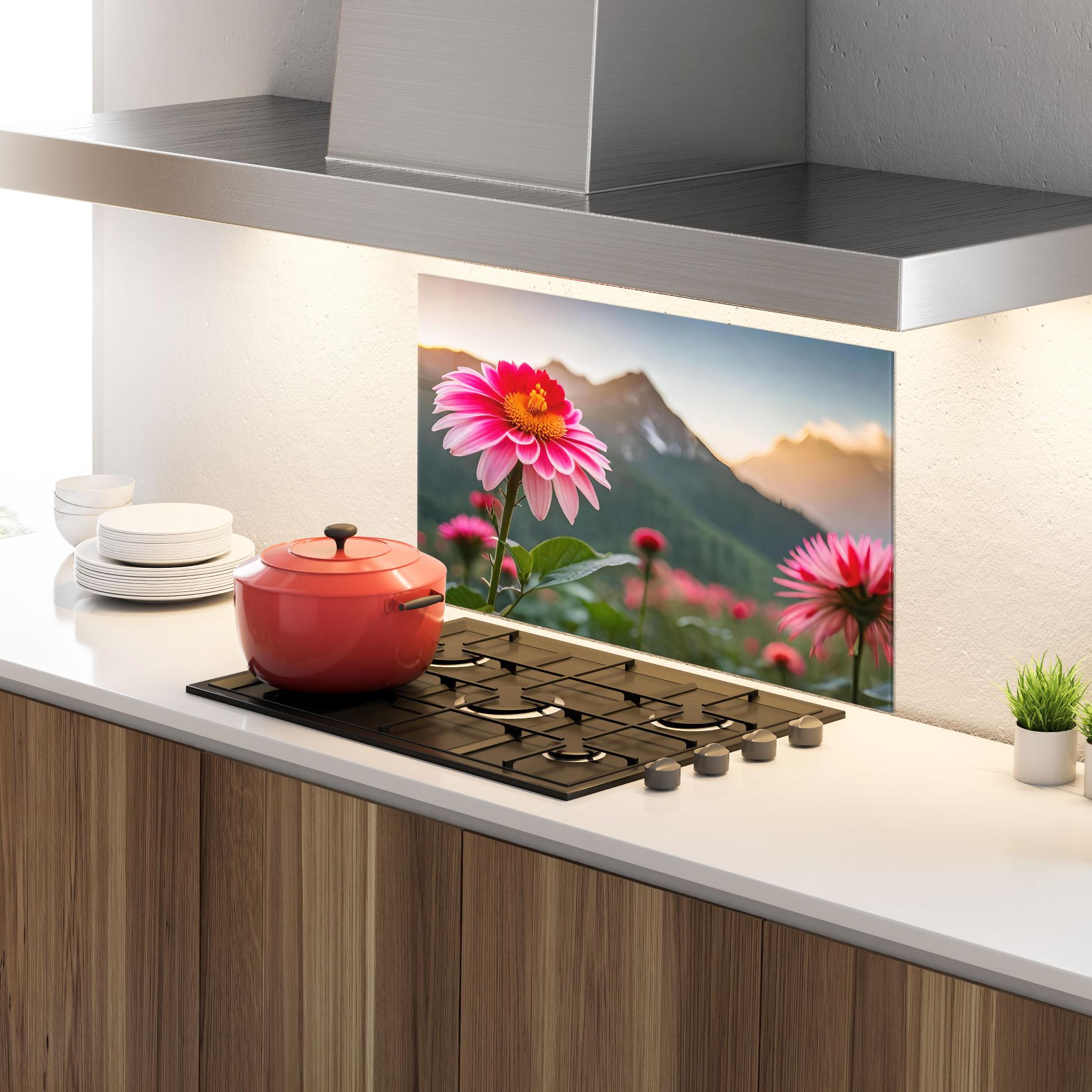 Küchenrückwand Glas Mountain Pink Flower mockup 4