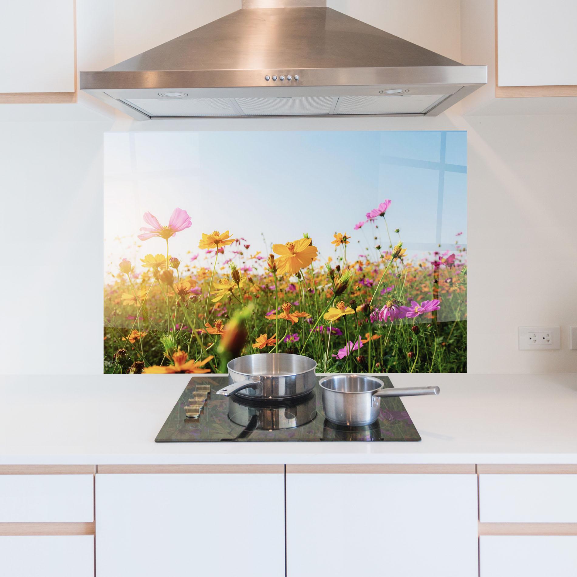 Küchenrückwand Glas Cosmos Field Sunset mockup 5
