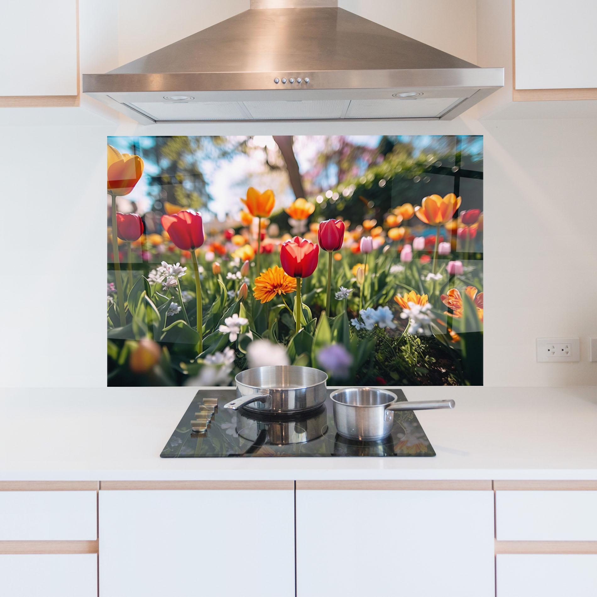 Küchenrückwand Glas Garden Tulips Mix mockup 5