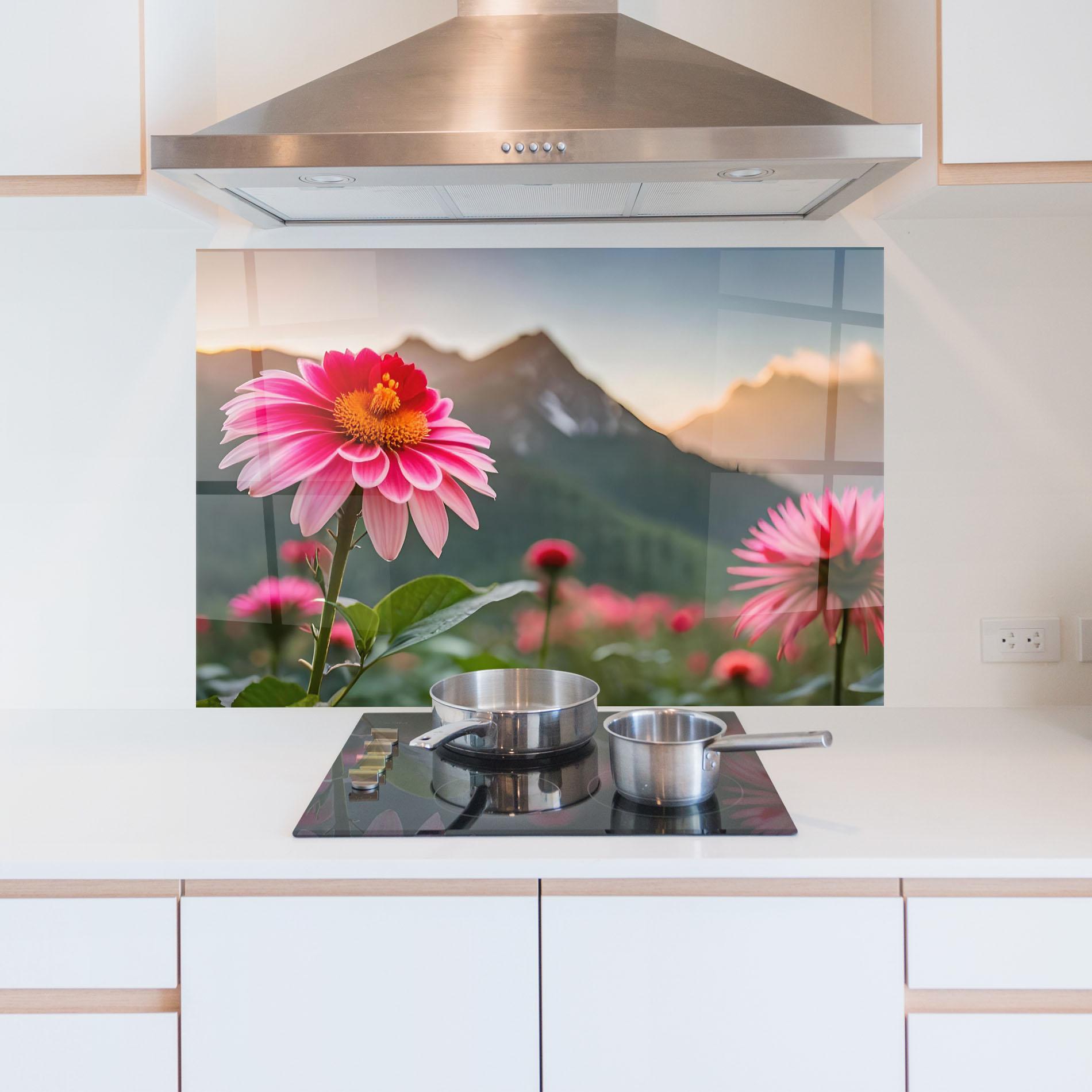Küchenrückwand Glas Mountain Pink Flower mockup 5