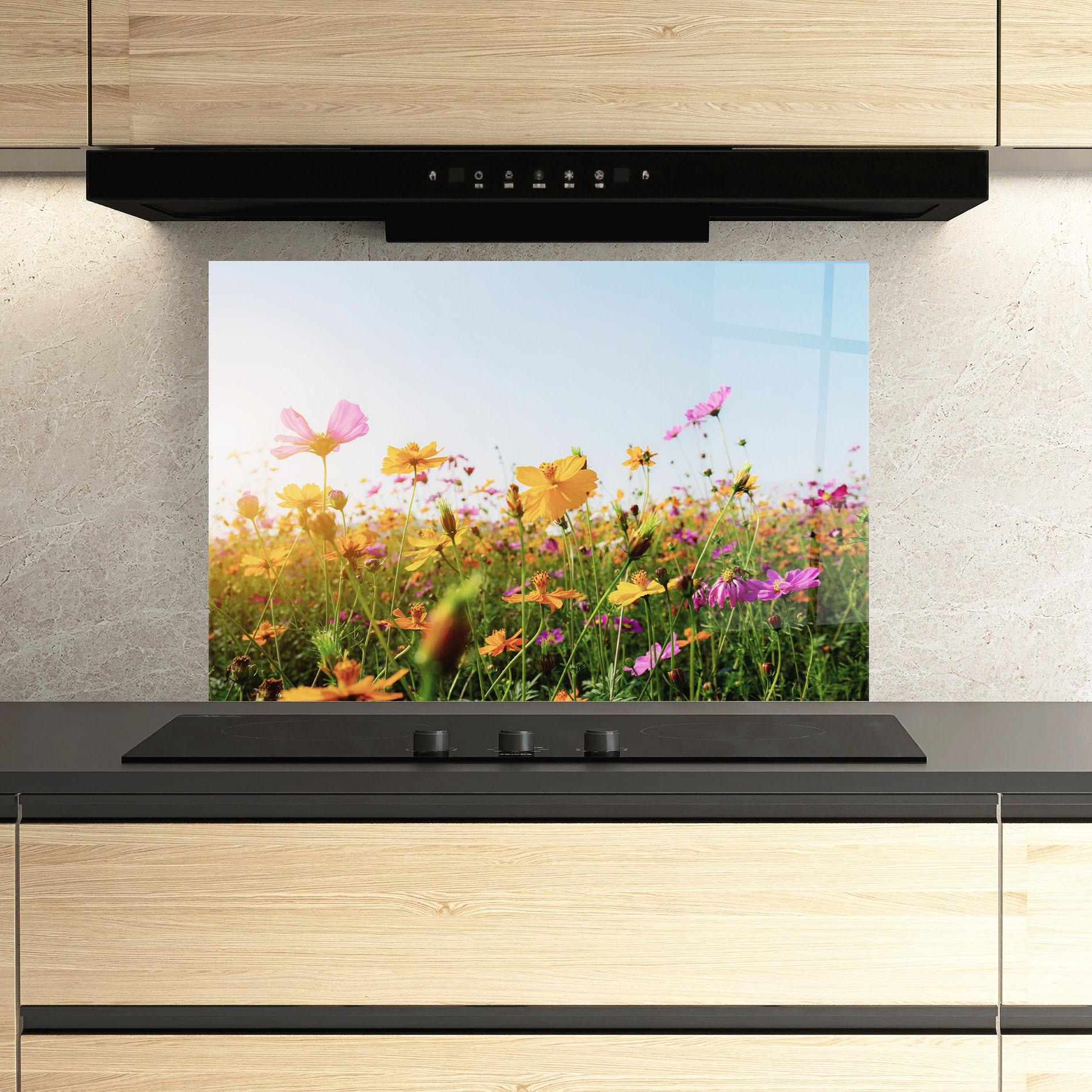 Küchenrückwand Glas Cosmos Field Sunset mockup 3