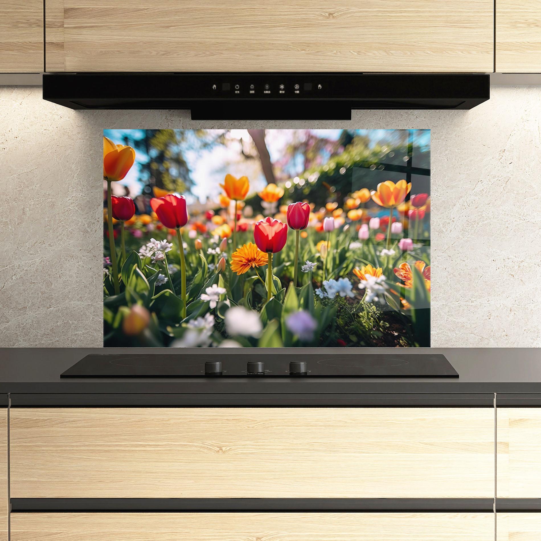 Küchenrückwand Glas Garden Tulips Mix mockup 3