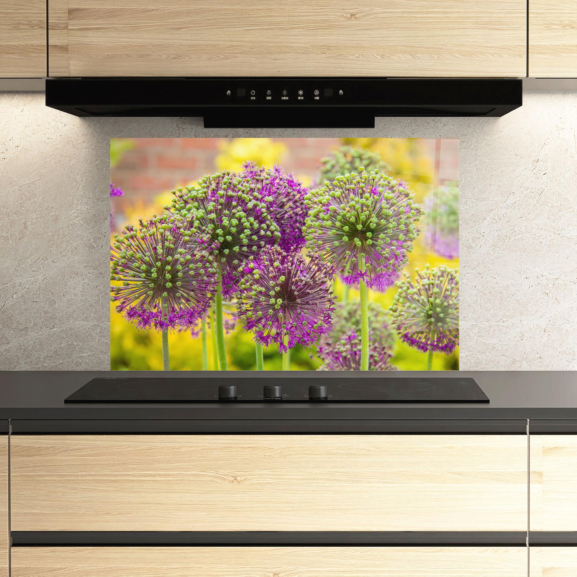 Küchenrückwand Glas Green Purple Garden mockup 3