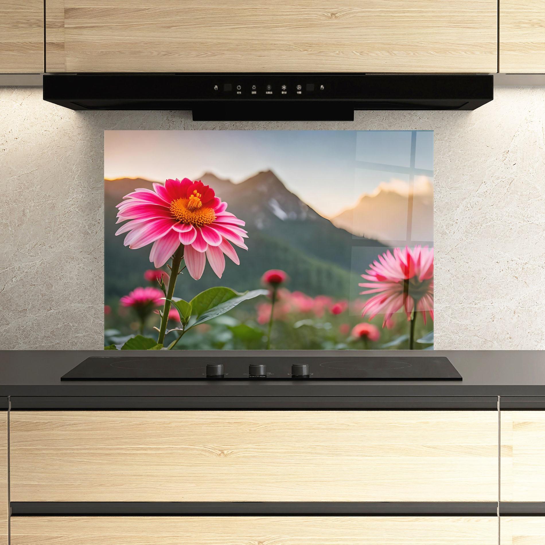 Küchenrückwand Glas Mountain Pink Flower mockup 3