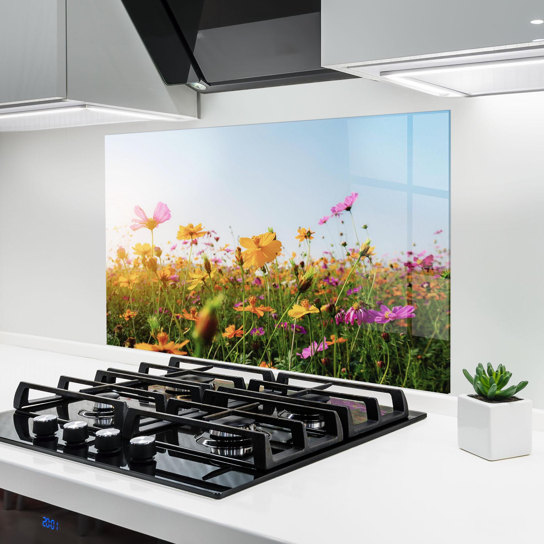 Küchenrückwand Glas Cosmos Field Sunset mockup 6