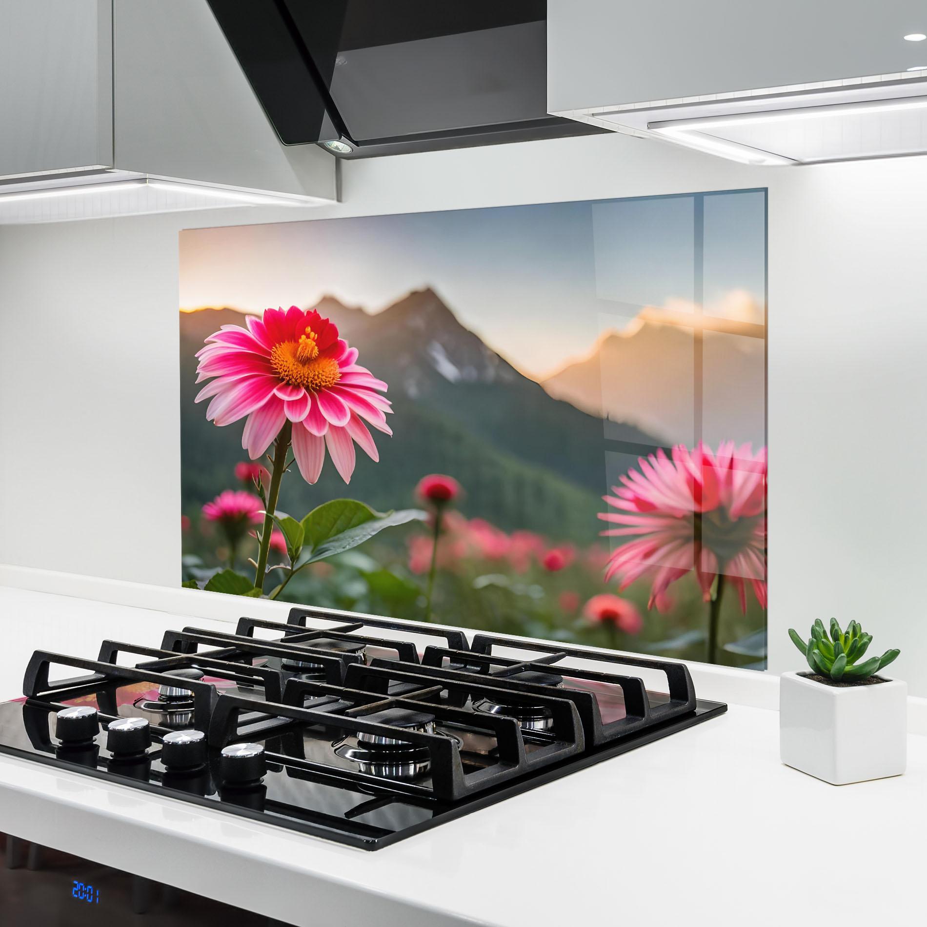 Küchenrückwand Glas Mountain Pink Flower mockup 6