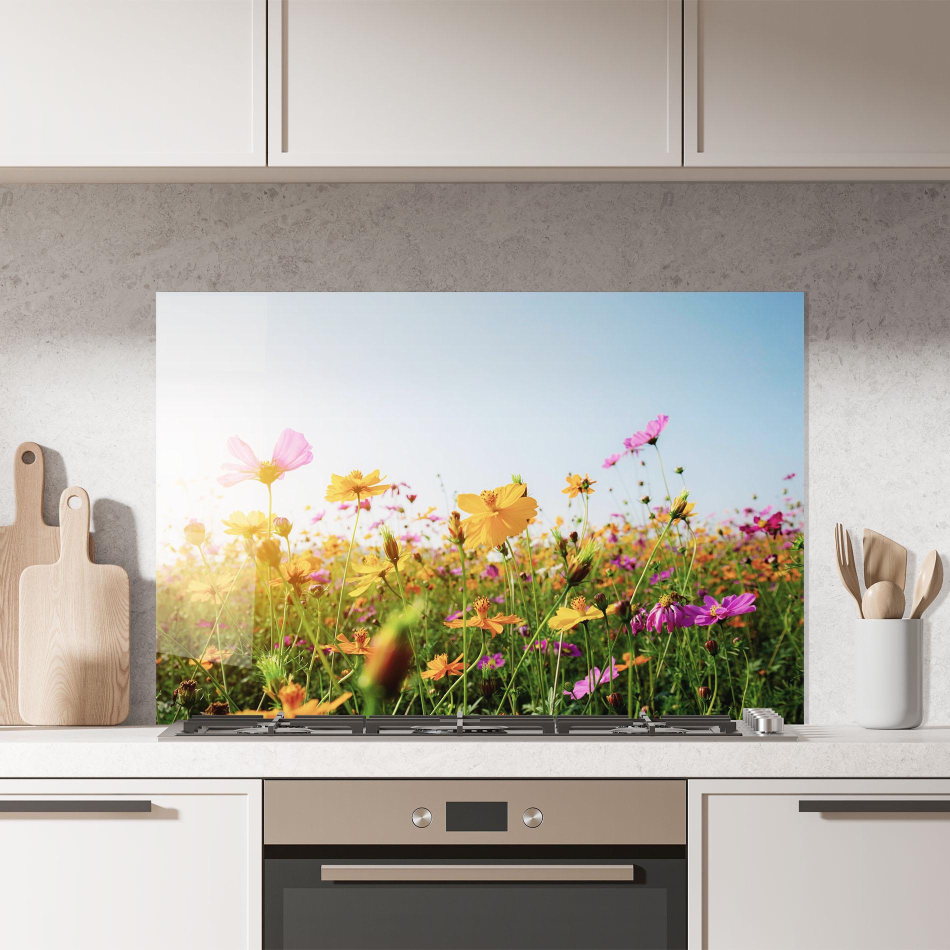 Küchenrückwand Glas Cosmos Field Sunset mockup 7