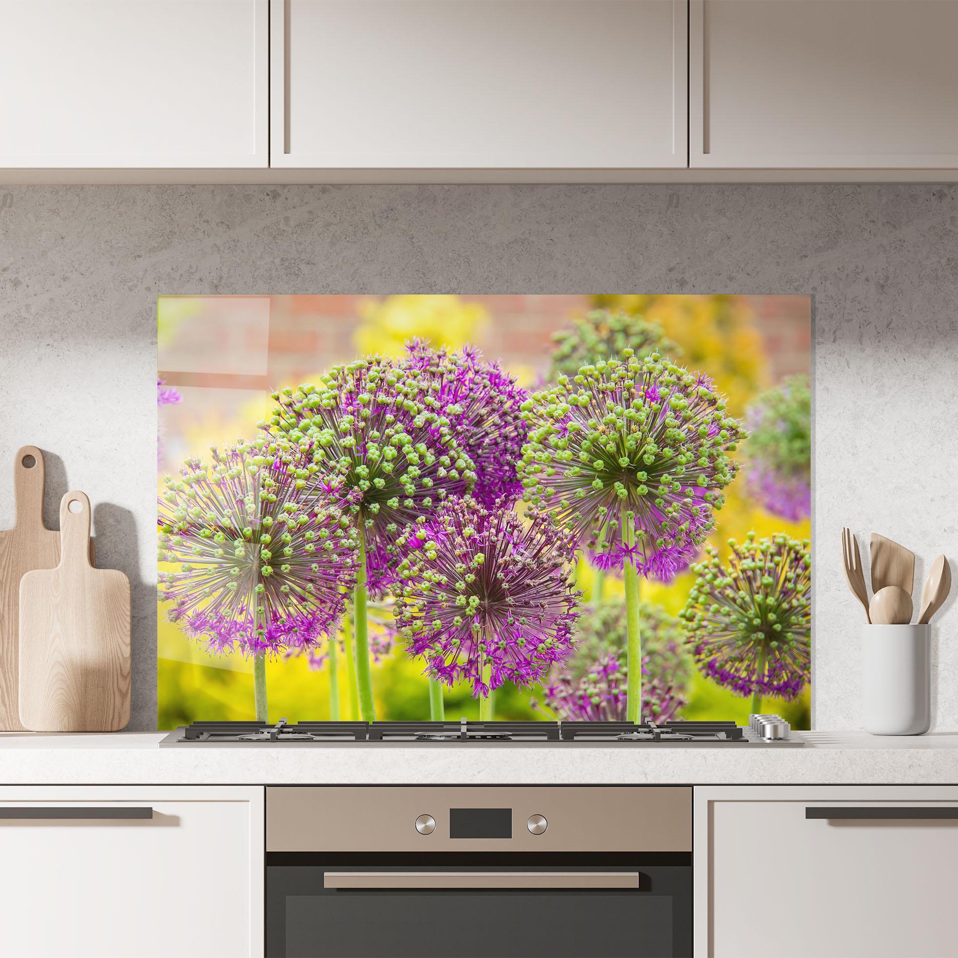 Küchenrückwand Glas Green Purple Garden mockup 7