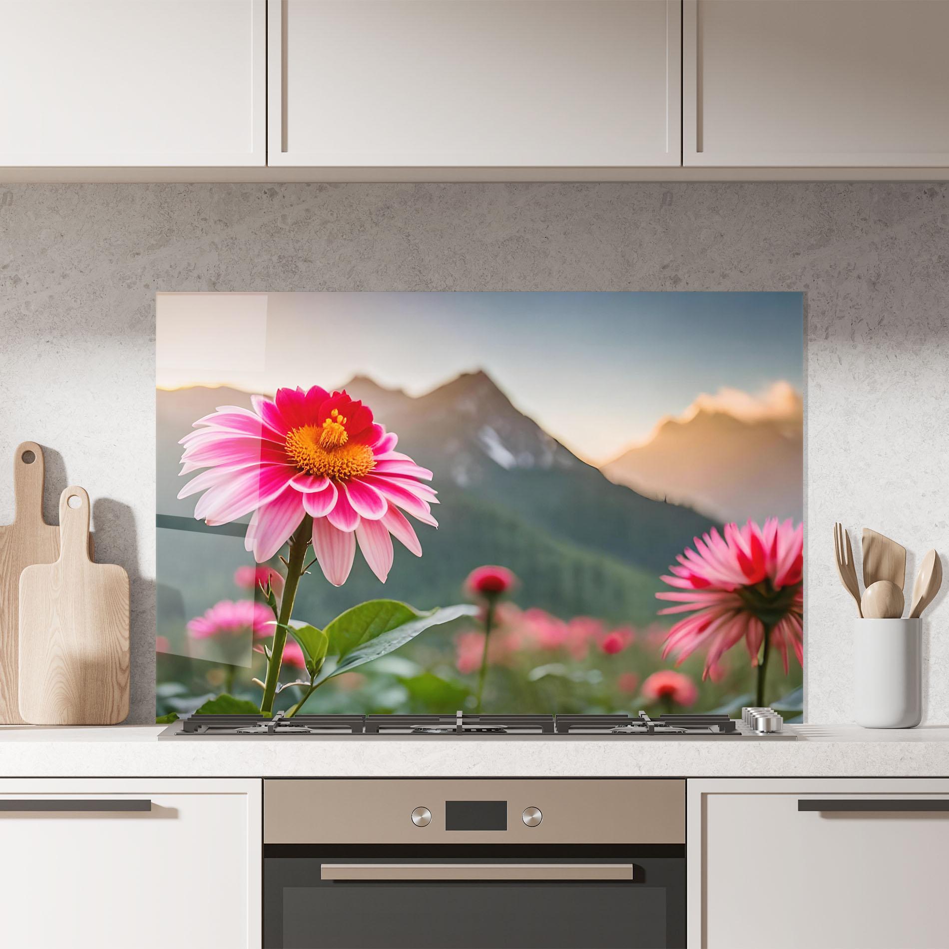 Küchenrückwand Glas Mountain Pink Flower mockup 7