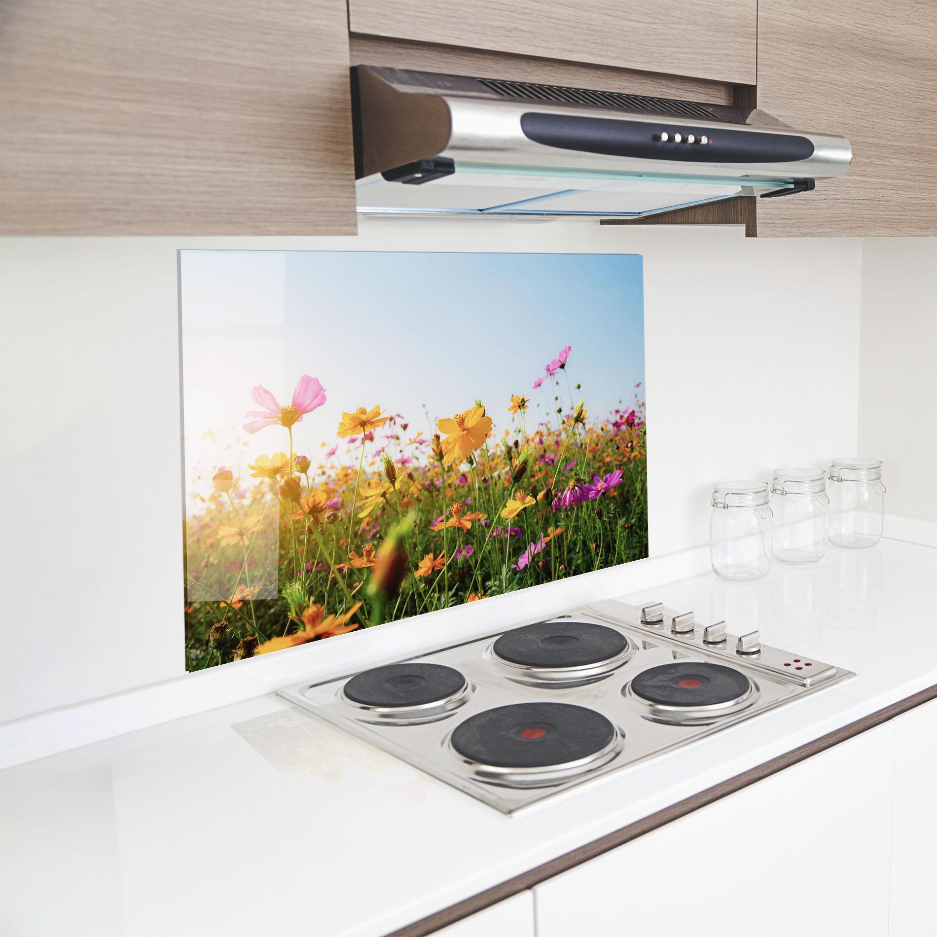 Küchenrückwand Glas Cosmos Field Sunset mockup 8