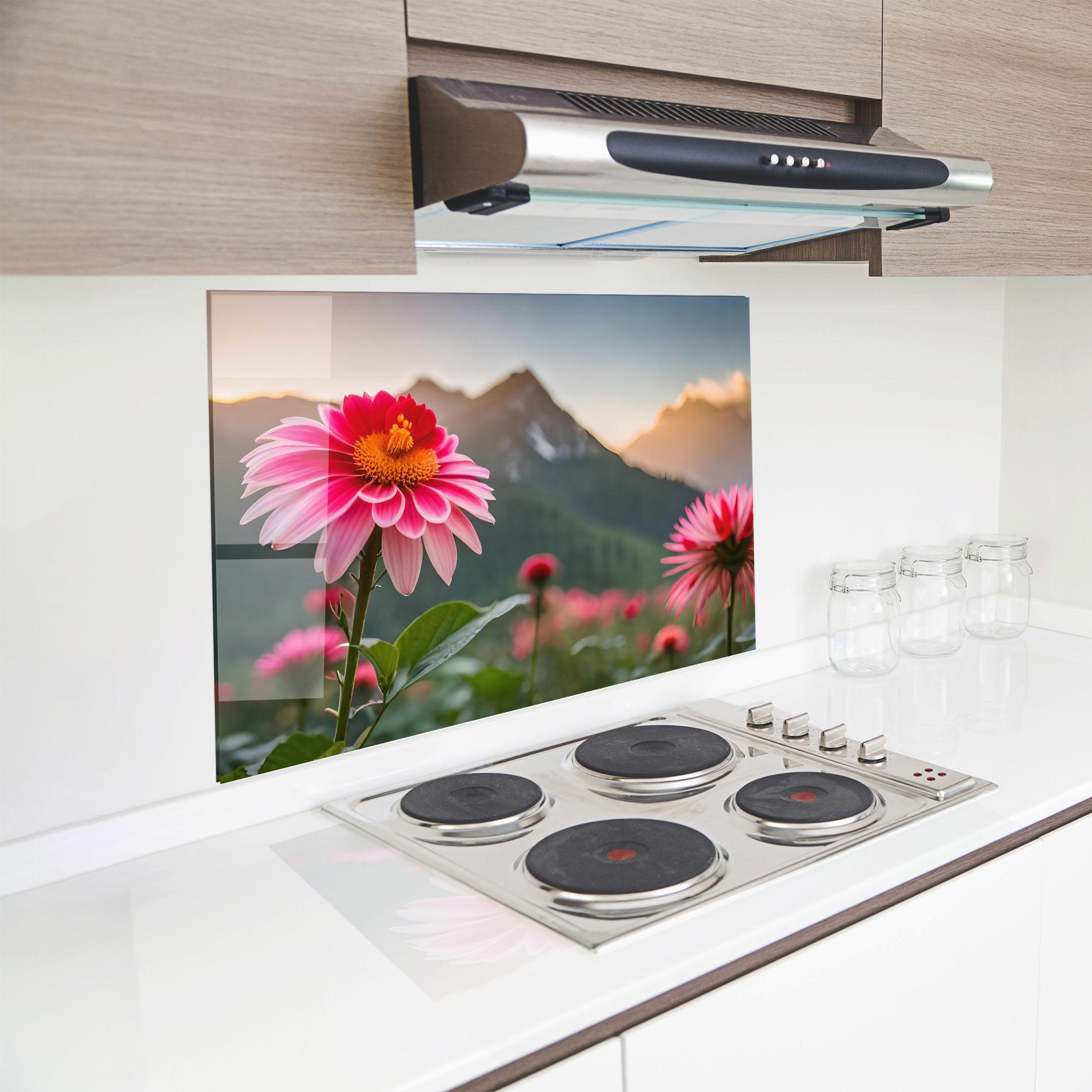 Küchenrückwand Glas Mountain Pink Flower mockup 8