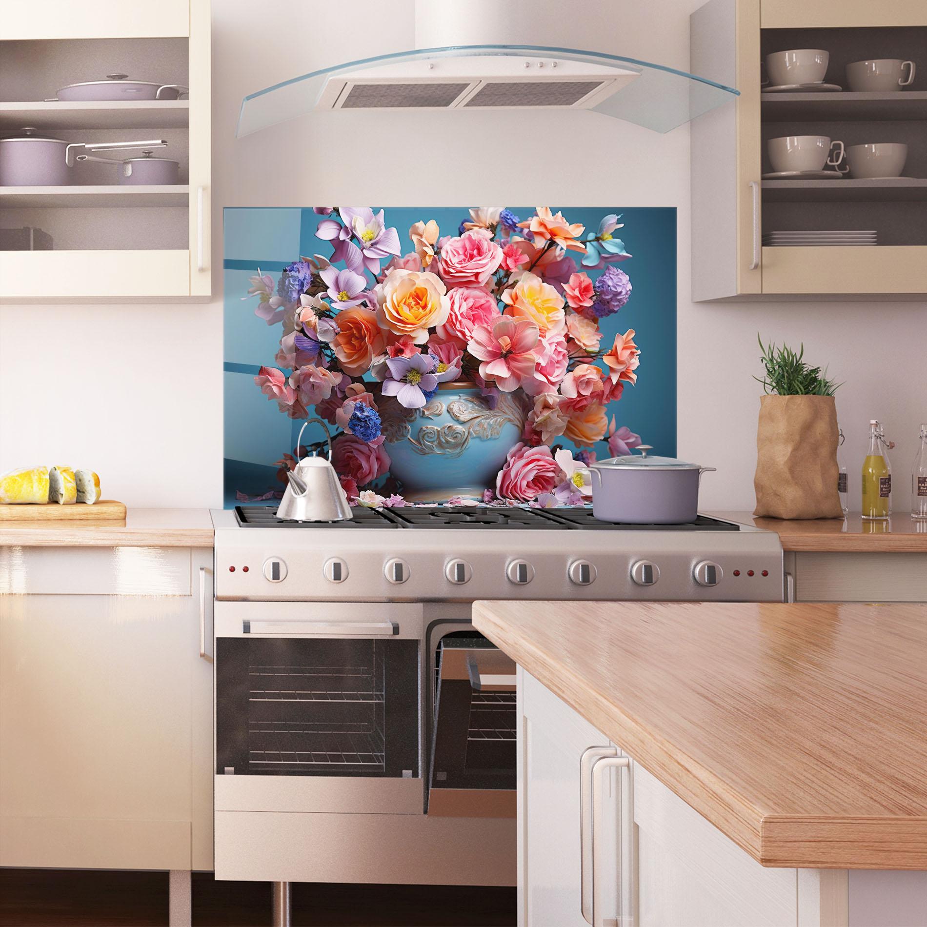 Küchenrückwand Glas Blue Vase Flowers mockup 1
