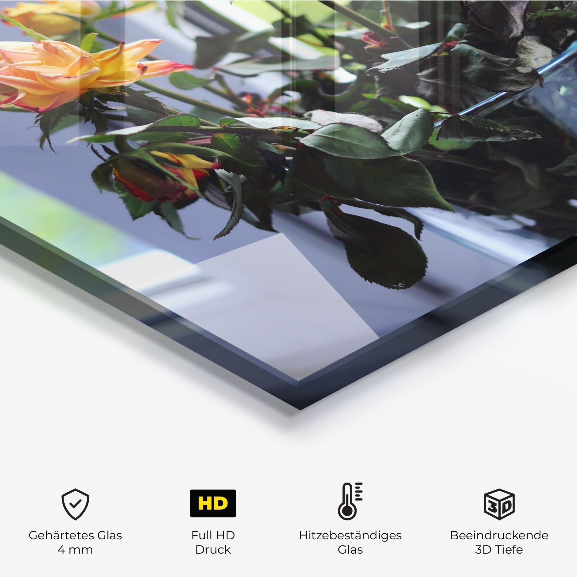 Küchenrückwand Glas Red Yellow Rose Vase mockup 2