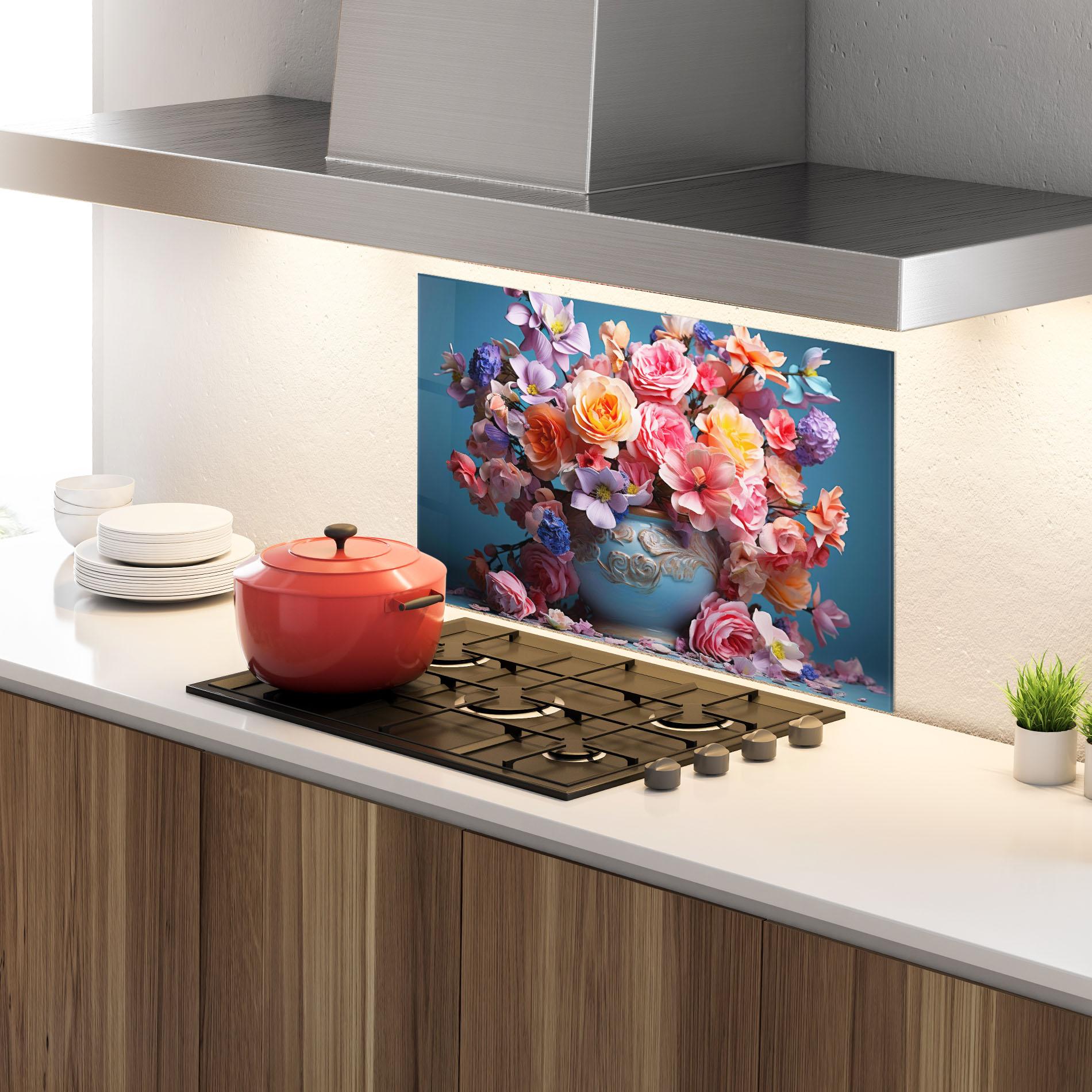 Küchenrückwand Glas Blue Vase Flowers mockup 4