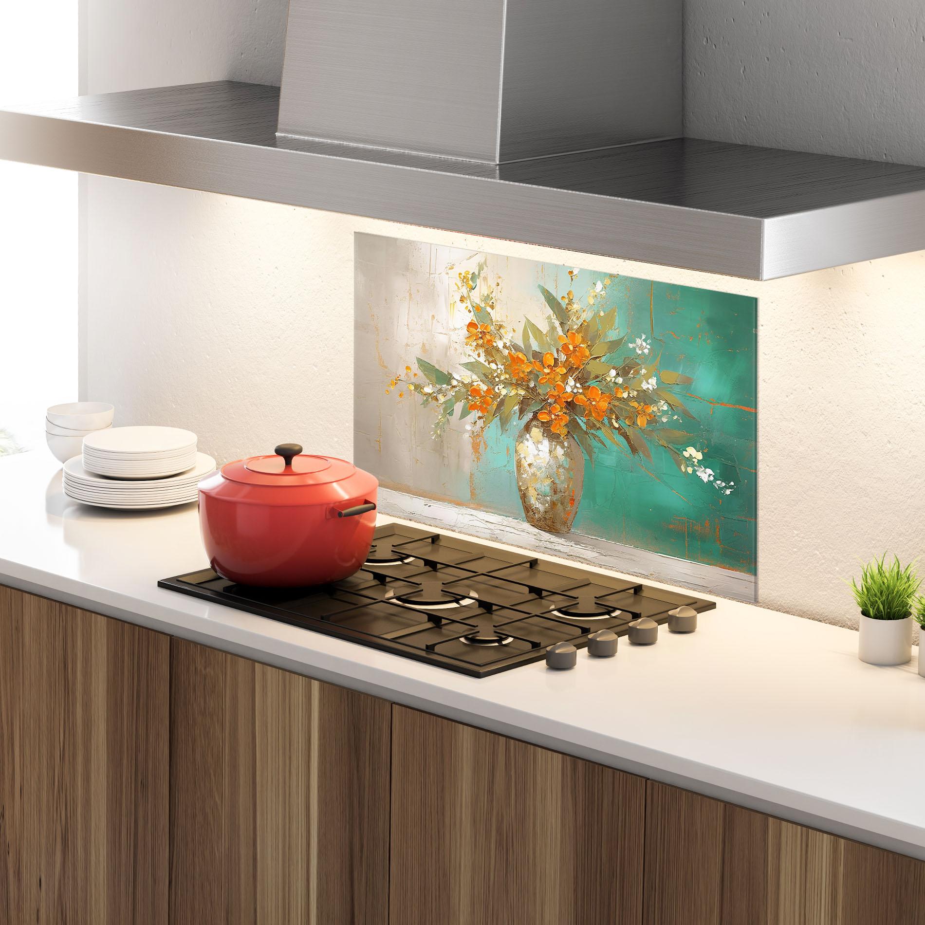 Küchenrückwand Glas Grey Vase Orange mockup 4