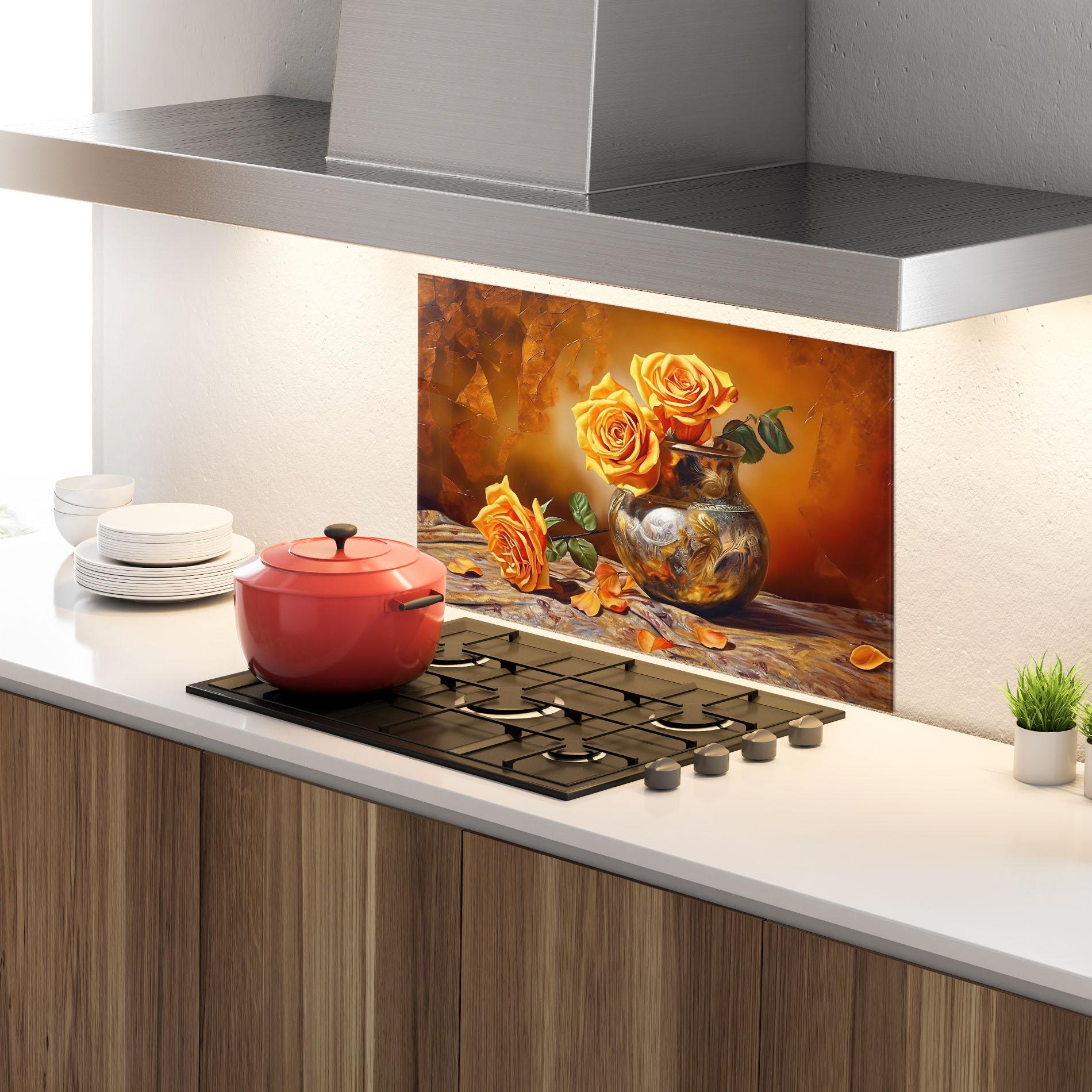 Küchenrückwand Glas Orange Roses Vase mockup 4