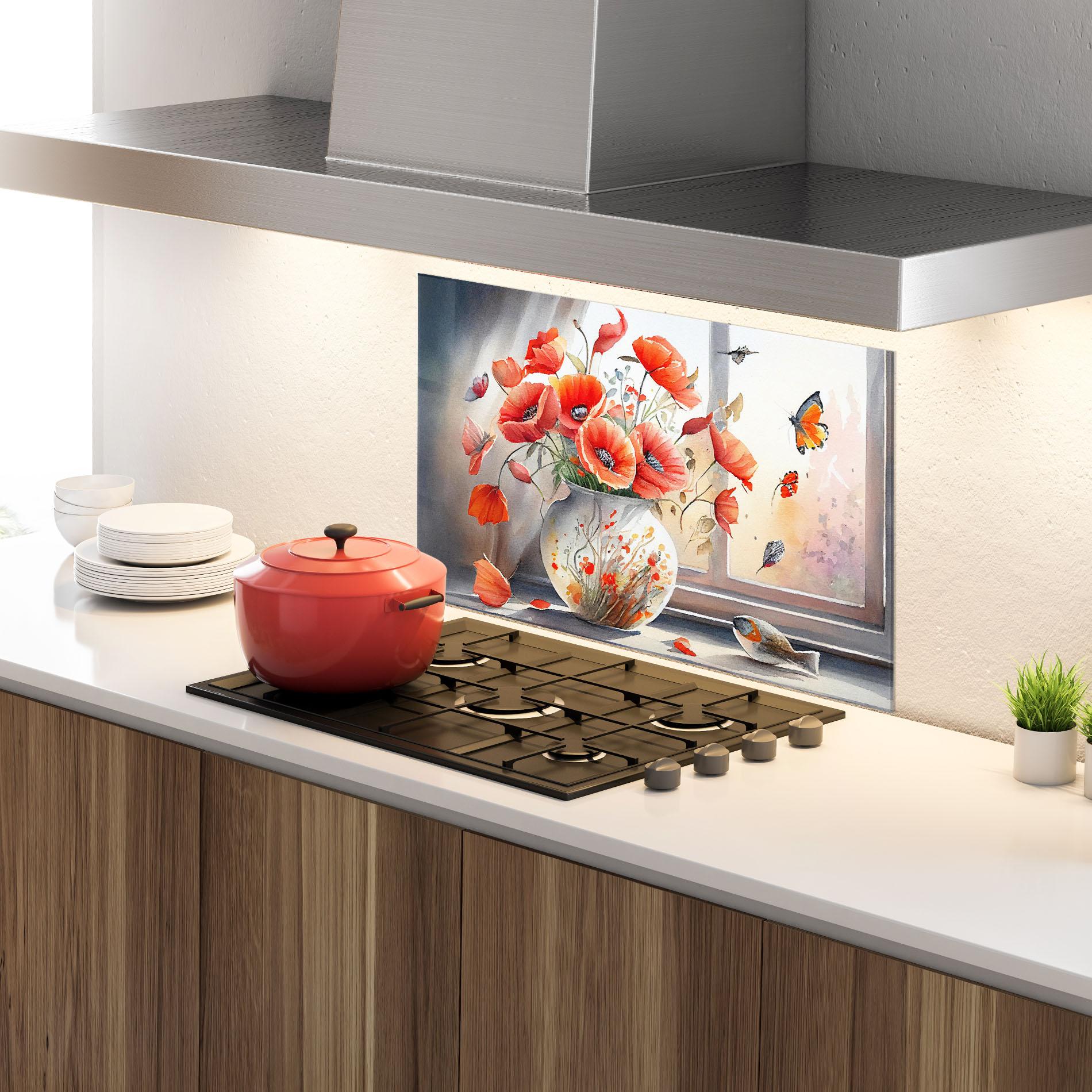 Küchenrückwand Glas Poppies Vase mockup 4