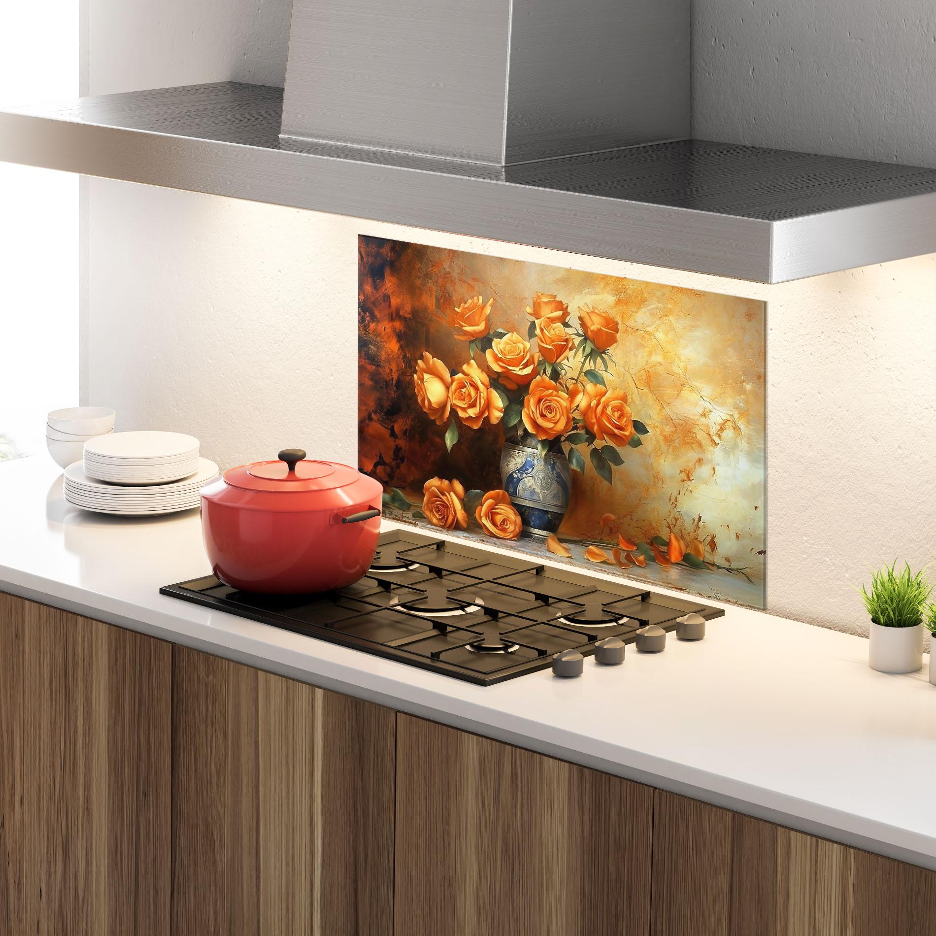 Küchenrückwand Glas Pretty Orange Rose Vase mockup 4