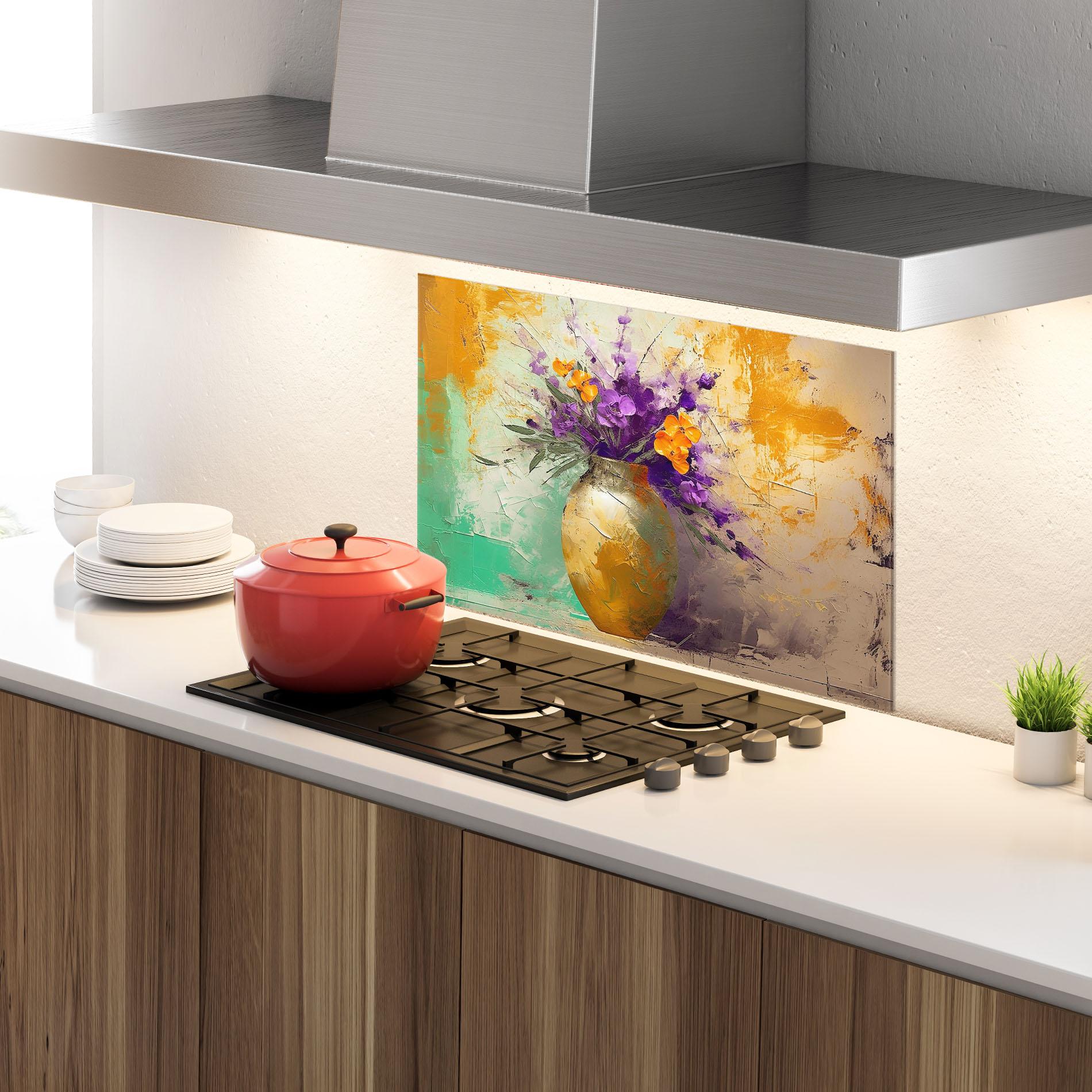Küchenrückwand Glas Purple Orange Plant Vase mockup 4