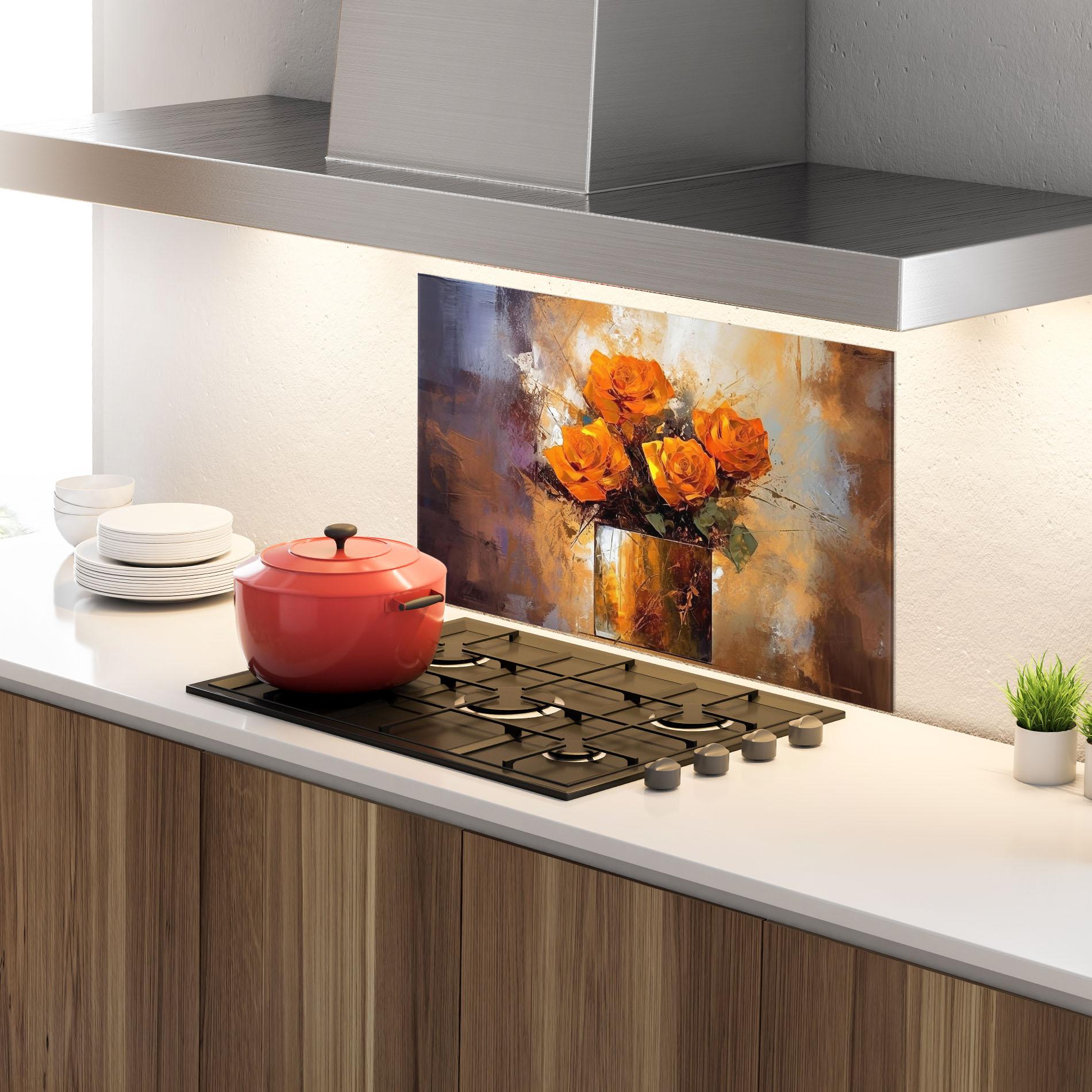Küchenrückwand Glas Vase Orange Rose mockup 4