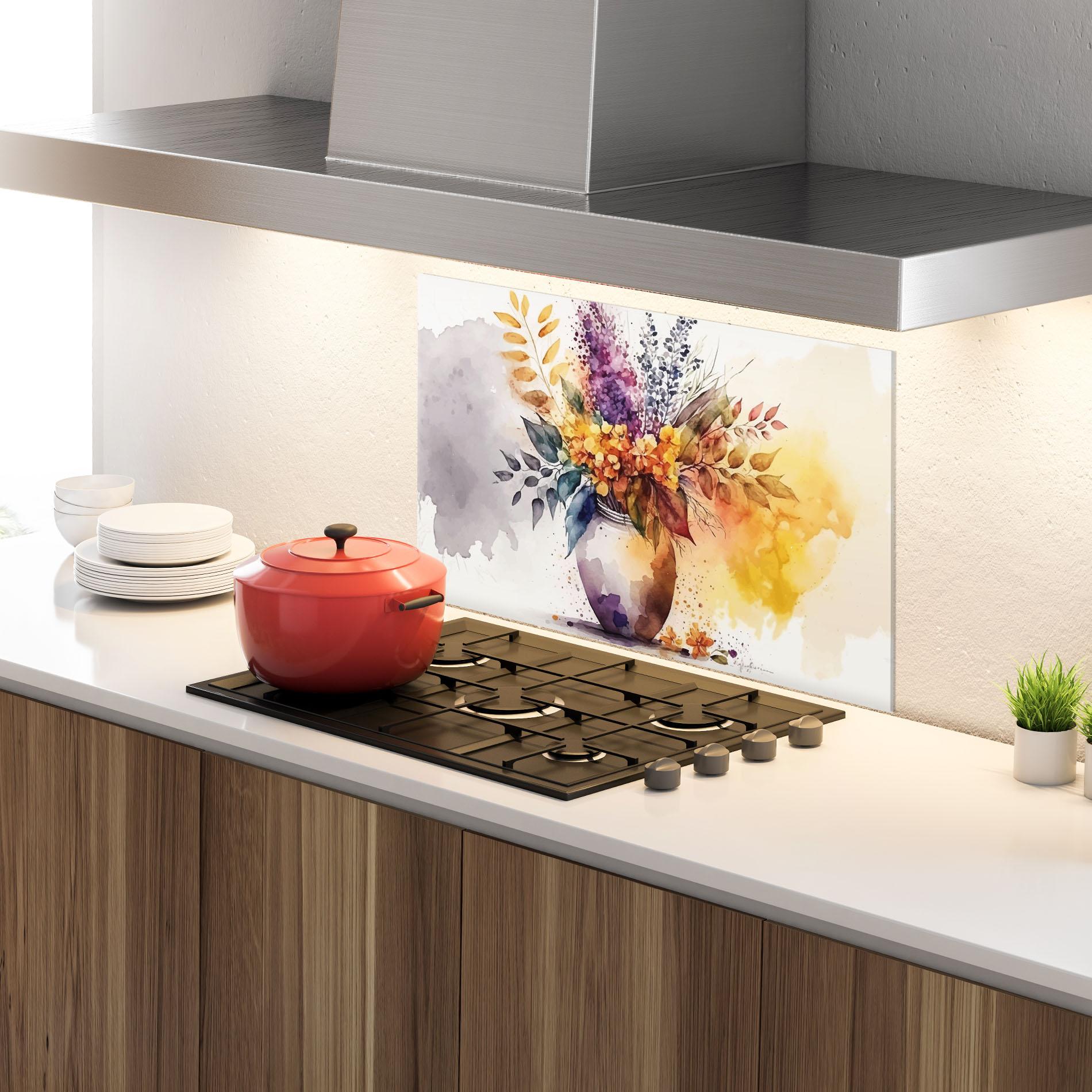 Küchenrückwand Glas Yellow Purple Vase mockup 4