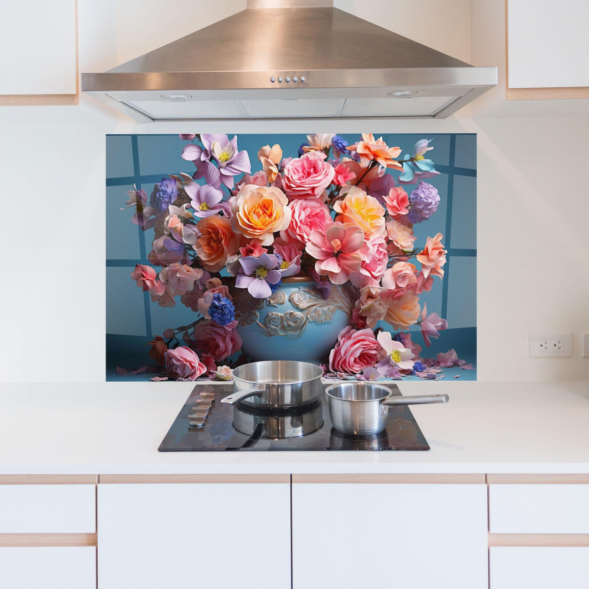 Küchenrückwand Glas Blue Vase Flowers mockup 5