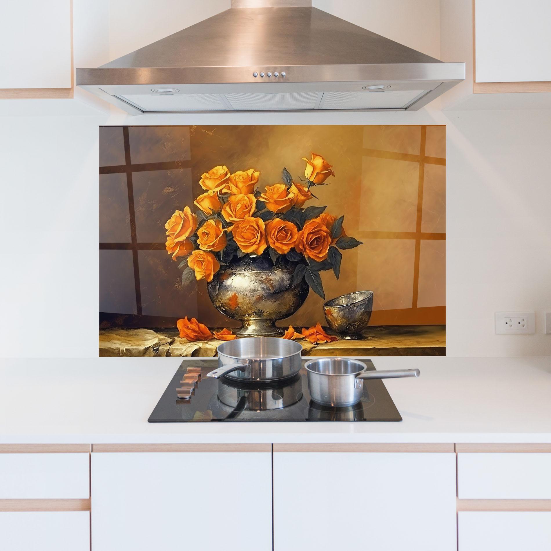 Küchenrückwand Glas Orange Rose Vase mockup 5