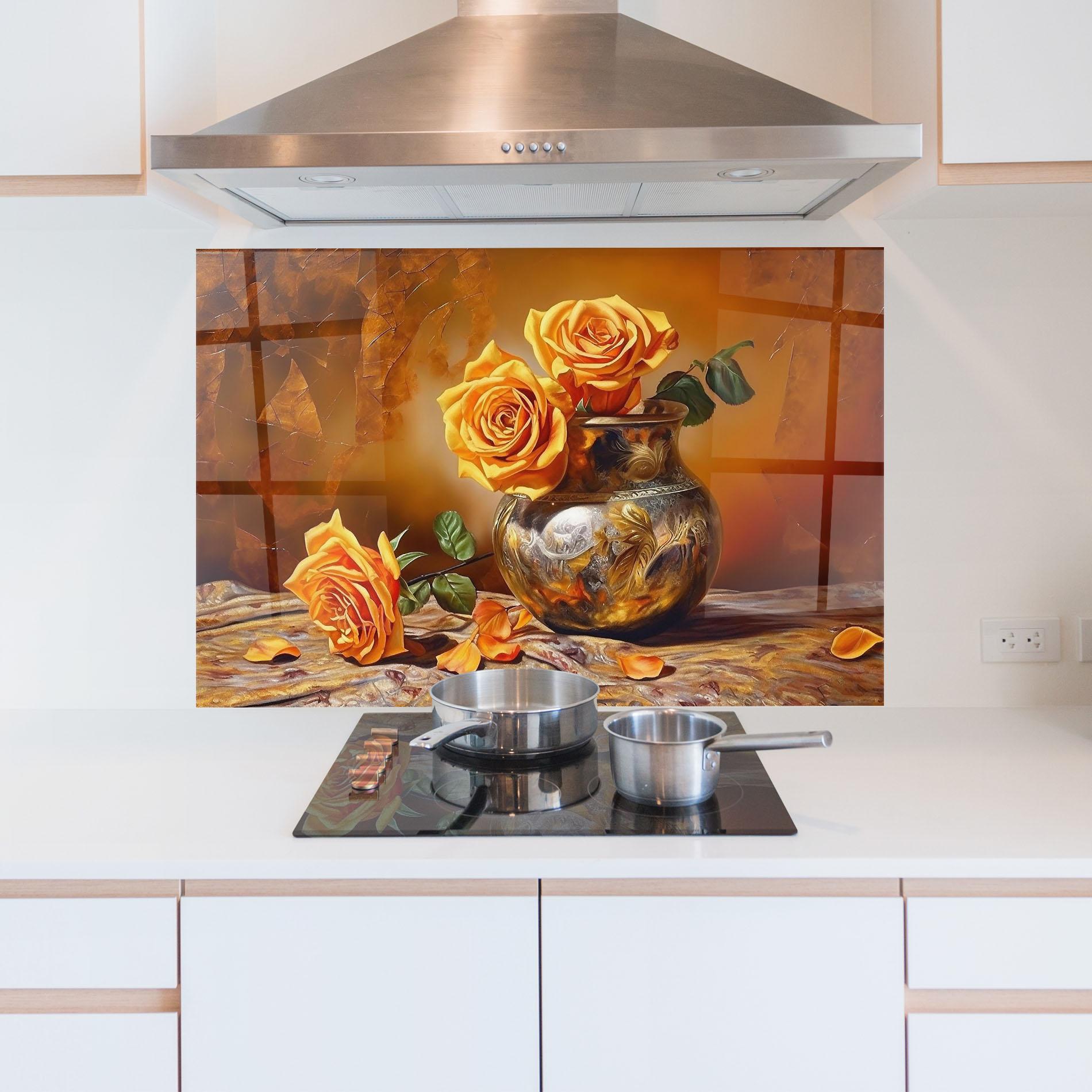 Küchenrückwand Glas Orange Roses Vase mockup 5