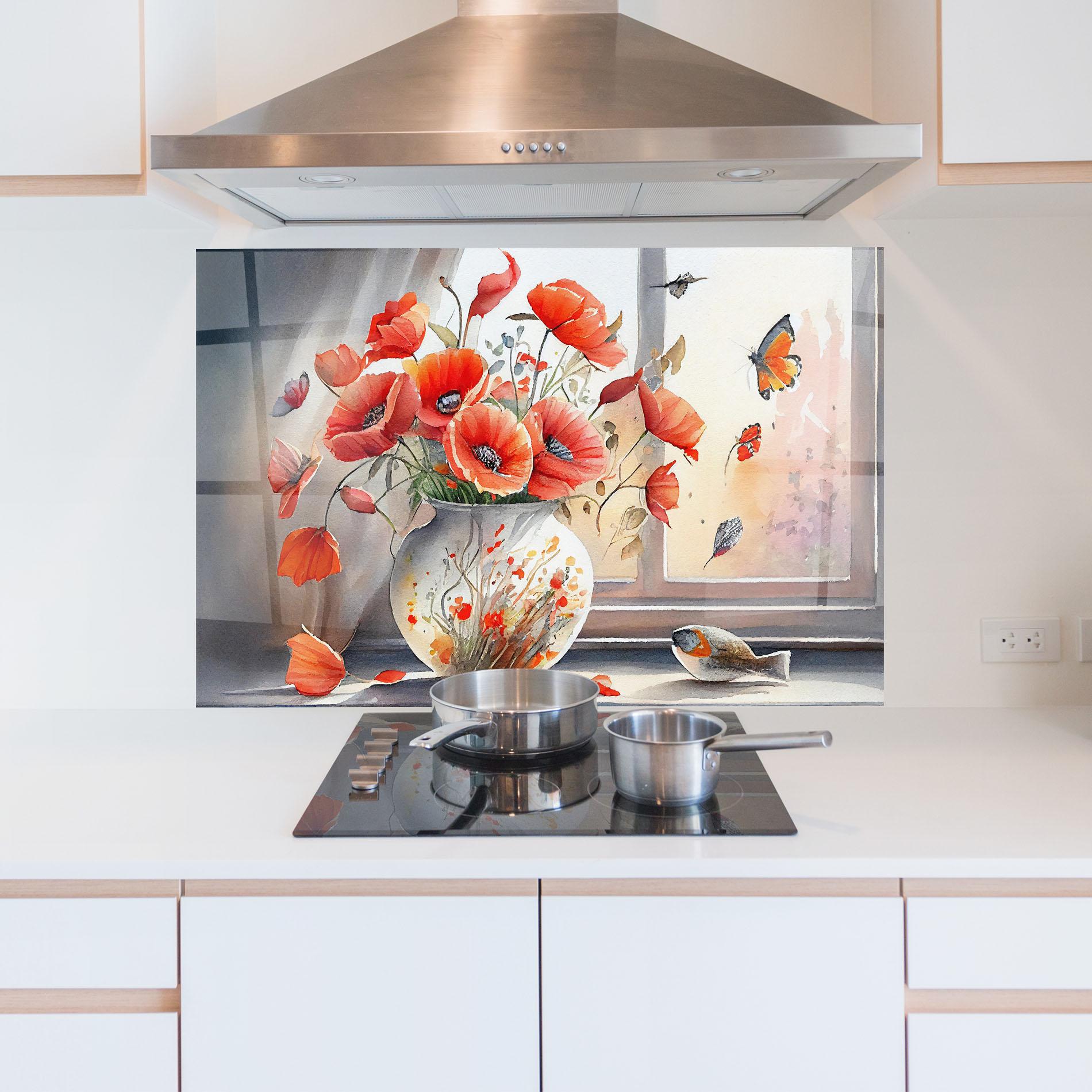 Küchenrückwand Glas Poppies Vase mockup 5