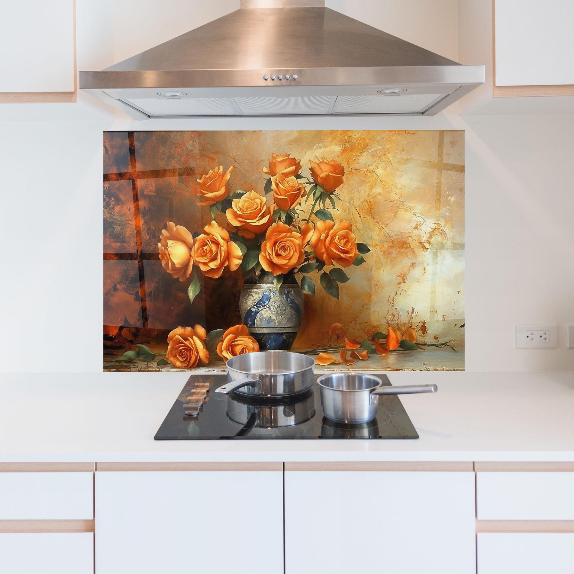 Küchenrückwand Glas Pretty Orange Rose Vase mockup 5