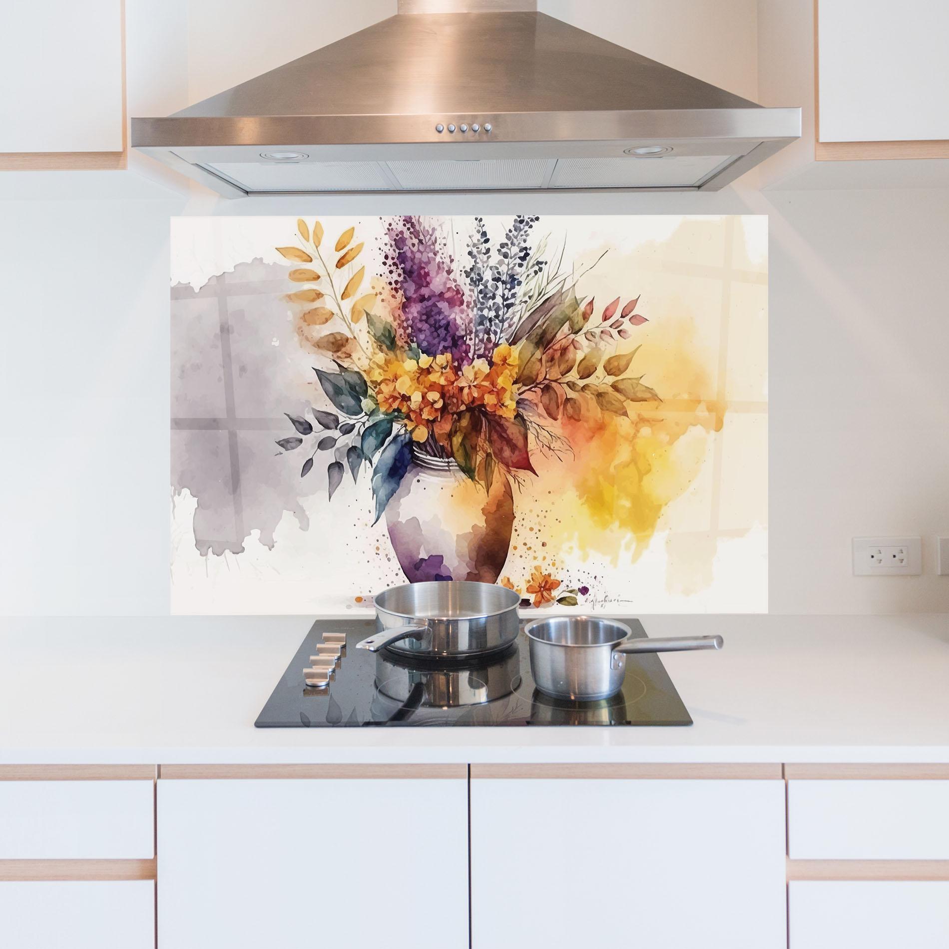 Küchenrückwand Glas Yellow Purple Vase mockup 5