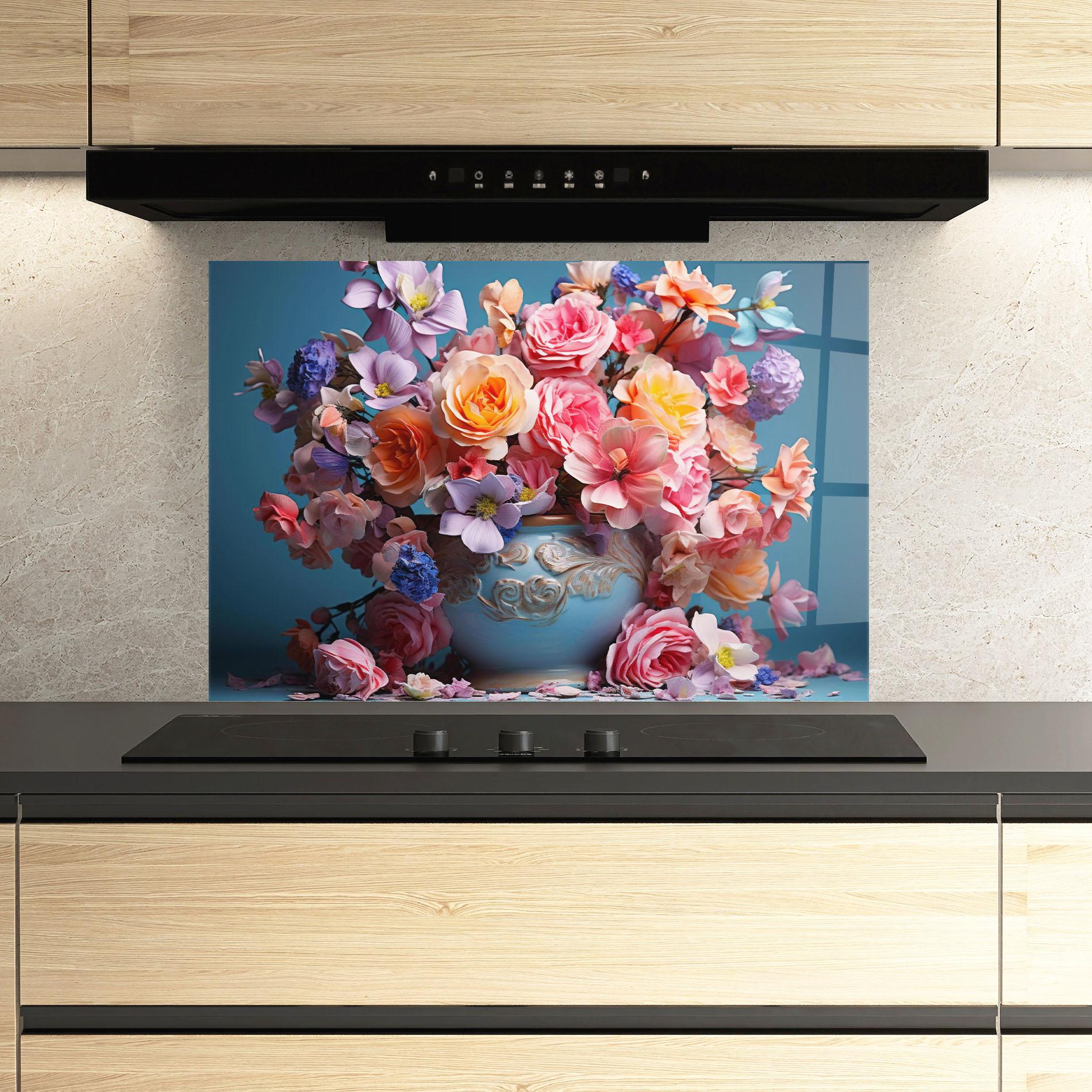 Küchenrückwand Glas Blue Vase Flowers mockup 3