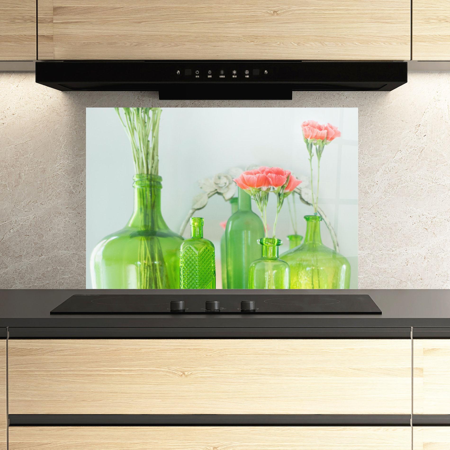 Küchenrückwand Glas Green Vase Flowers mockup 3
