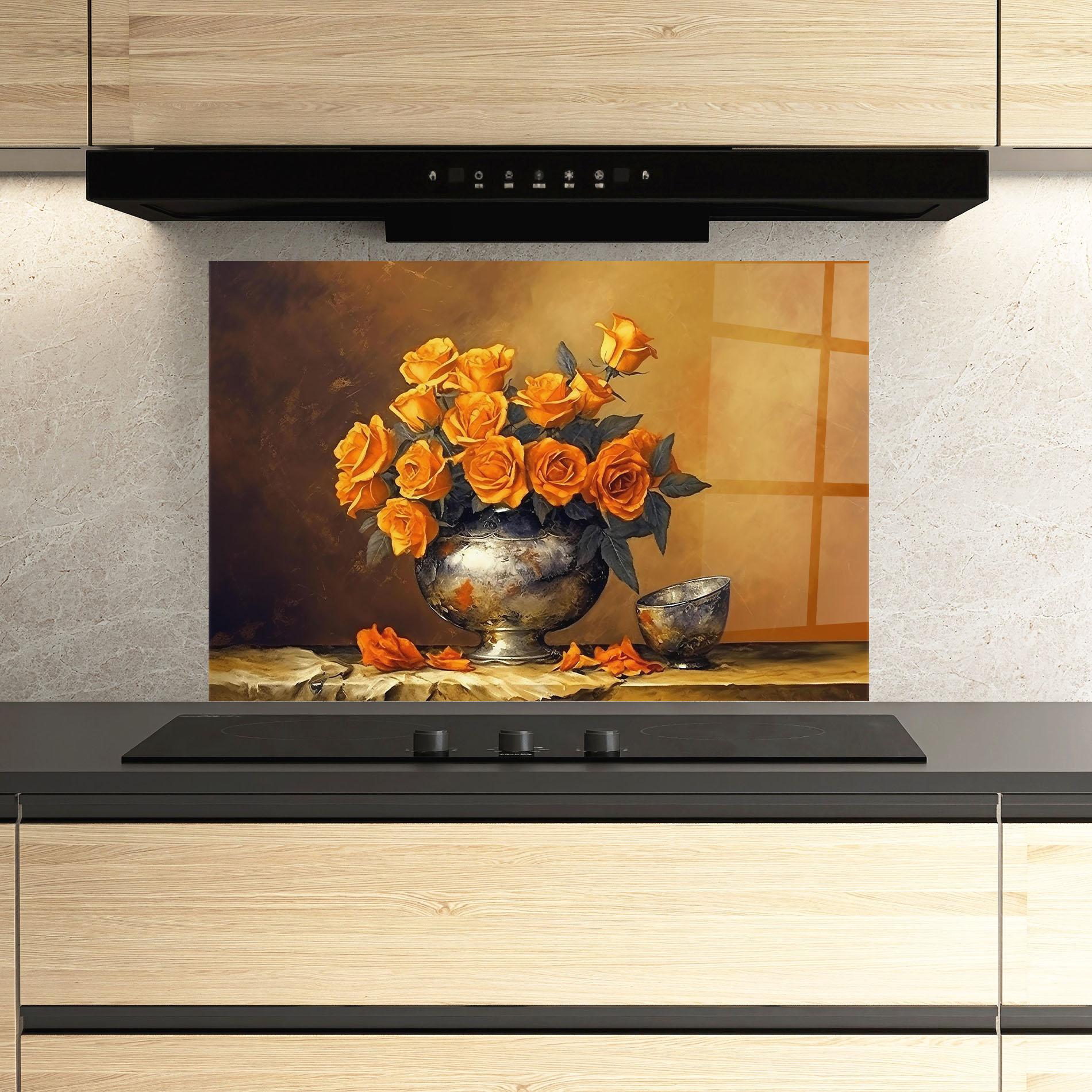 Küchenrückwand Glas Orange Rose Vase mockup 3