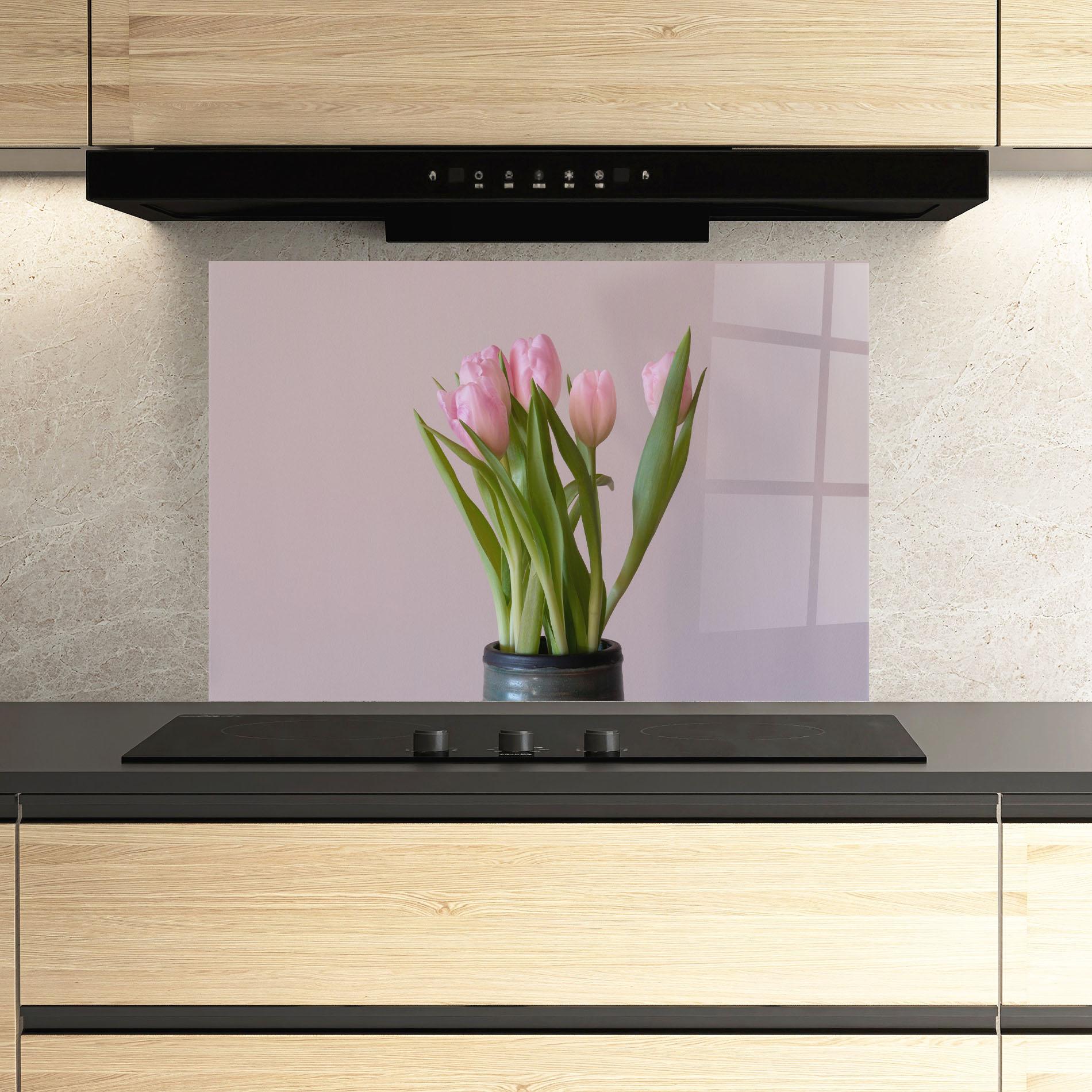 Küchenrückwand Glas Pink Tulips Vase mockup 3
